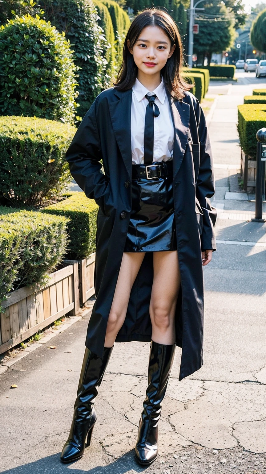 (8K、RAW Photos、Highest quality、masterpiece:1.2)、(Realistic、Realistic)、1 Girl、((mini skirt、Black and Pink、Thin legs、whole body、boots、Black coat、one piece、garden、smile、View from the front、Ribbon on chest、Looking into the camera、belt、Stand with hands on hips))、