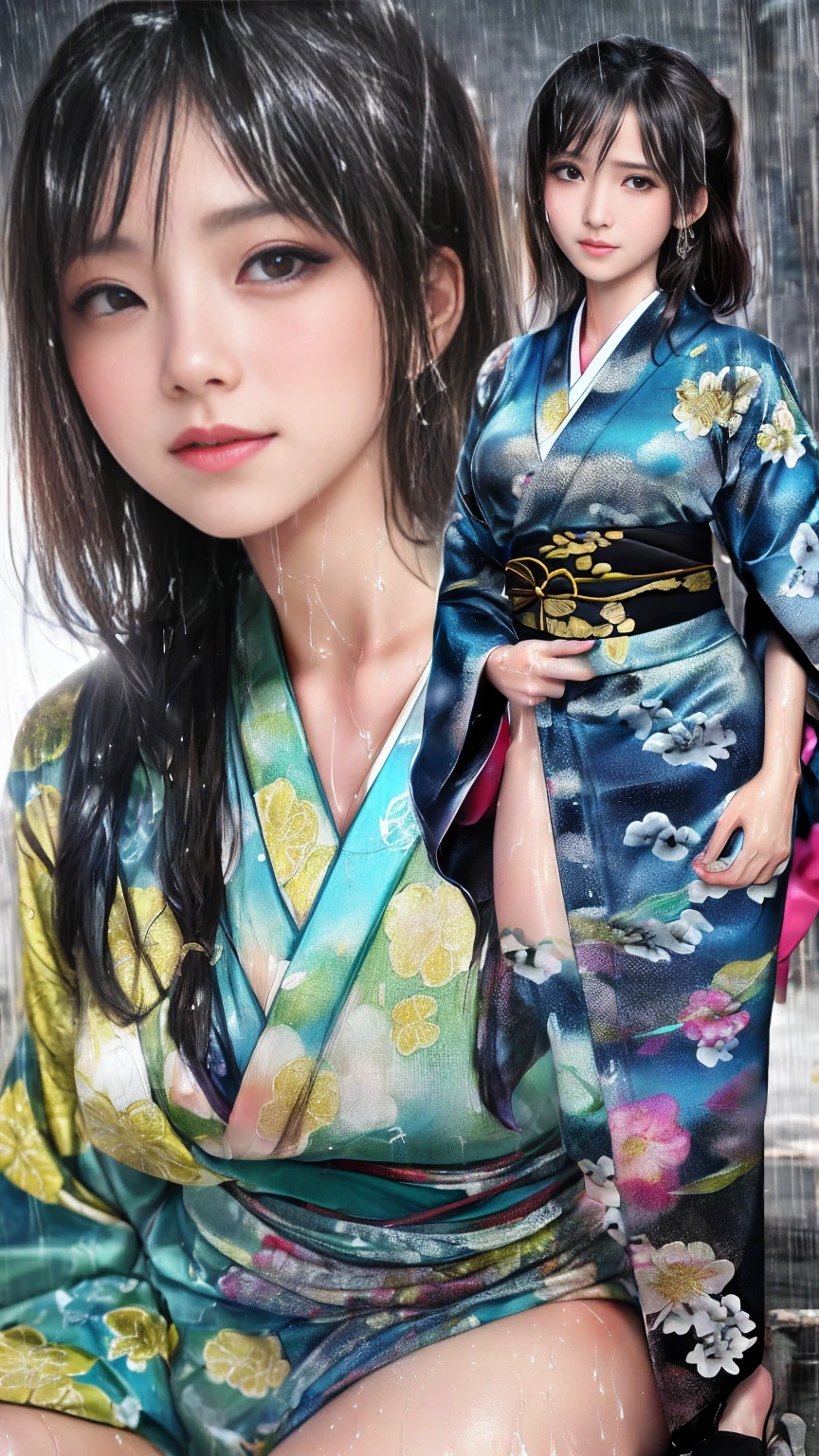 最high quality、high quality、Best image quality、8K、最High resolution、High resolution、最high quality、masterpiece、RAW Photos、whole body写真、Detailed and realistic human body、Detailed and realistic skin、Realistic face in every detail、Detailed and realistic eyes、Detailed and realistic lips、Detailed and realistic teeth、Detailed and realistic ears、Detailed and realistic hair、Realistic reproduction of every detail、((Beautiful Hands(thumb1、reference4))、Realistic feet down to the last detail、((Beautiful Japanese Girl))、(Japanese Model)、18 year old beautiful girl))、(Black Hair)、(Random Hairstyles)、((whole body))、((Slim and perfect figure))、(Flat chest、Small breasts)、(whole body光沢肌、Fair skin)、Mini Chinese Dresini Kimono、Mini Ninja Costume、Japanese tradition、Japanese garden、Rain clouds spreading across the sky、Heavy rain weather、Pouring rain、A storm of wind and rain、((Colorful floral pattern(See-through kimono dress))、((Pouring rainの中でリラックス(Poses to make your thighs look beautiful))、((Soaked skin from head to toe))、((Kimono soaked in the rain(Rain dripping from the clothes))、((Her body lines are clearly visible through her wet kimono.))