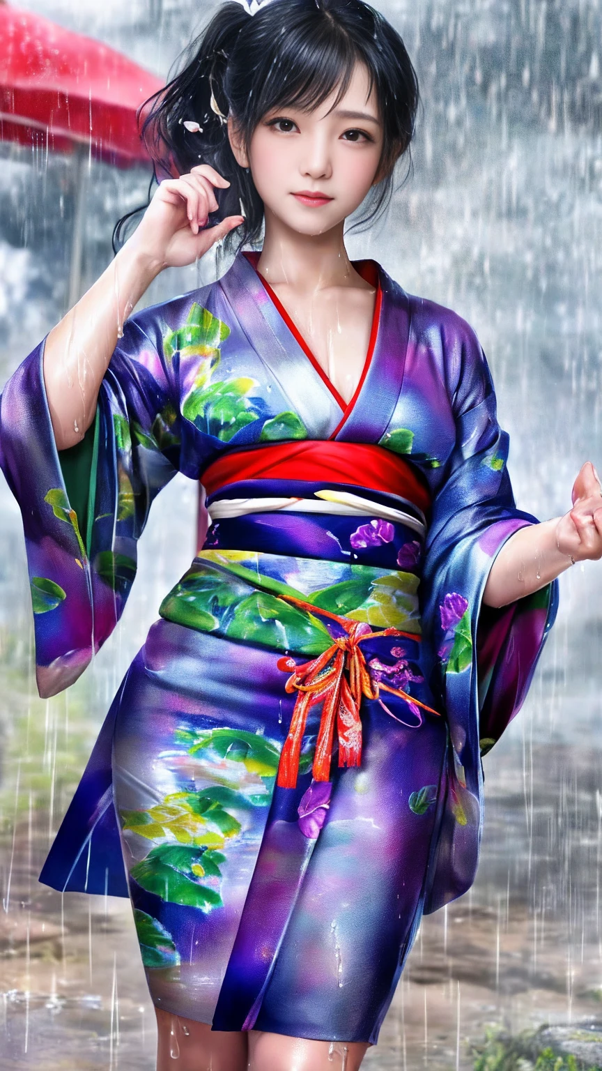 最high quality、high quality、Best image quality、8K、最High resolution、High resolution、最high quality、masterpiece、RAW Photos、whole body写真、Detailed and realistic human body、Detailed and realistic skin、Realistic face in every detail、Detailed and realistic eyes、Detailed and realistic lips、Detailed and realistic teeth、Detailed and realistic ears、Detailed and realistic hair、Realistic reproduction of every detail、((Beautiful Hands(thumb1、reference4))、Realistic feet down to the last detail、((Beautiful Japanese Girl))、(Japanese Model)、18 year old beautiful girl))、(Black Hair)、(Random Hairstyles)、((whole body))、((Slim and perfect figure))、(Flat chest、Small breasts)、(whole body光沢肌、Fair skin)、Mini Chinese Dresini Kimono、Mini Ninja Costume、Japanese tradition、Japanese garden、Rain clouds spreading across the sky、Heavy rain weather、Pouring rain、A storm of wind and rain、((Colorful floral pattern(See-through kimono dress))、((Pouring rainの中でリラックス(Poses to make your thighs look beautiful))、((Soaked skin from head to toe))、((Kimono soaked in the rain(Rain dripping from the clothes))、((Her body lines are clearly visible through her wet kimono.))