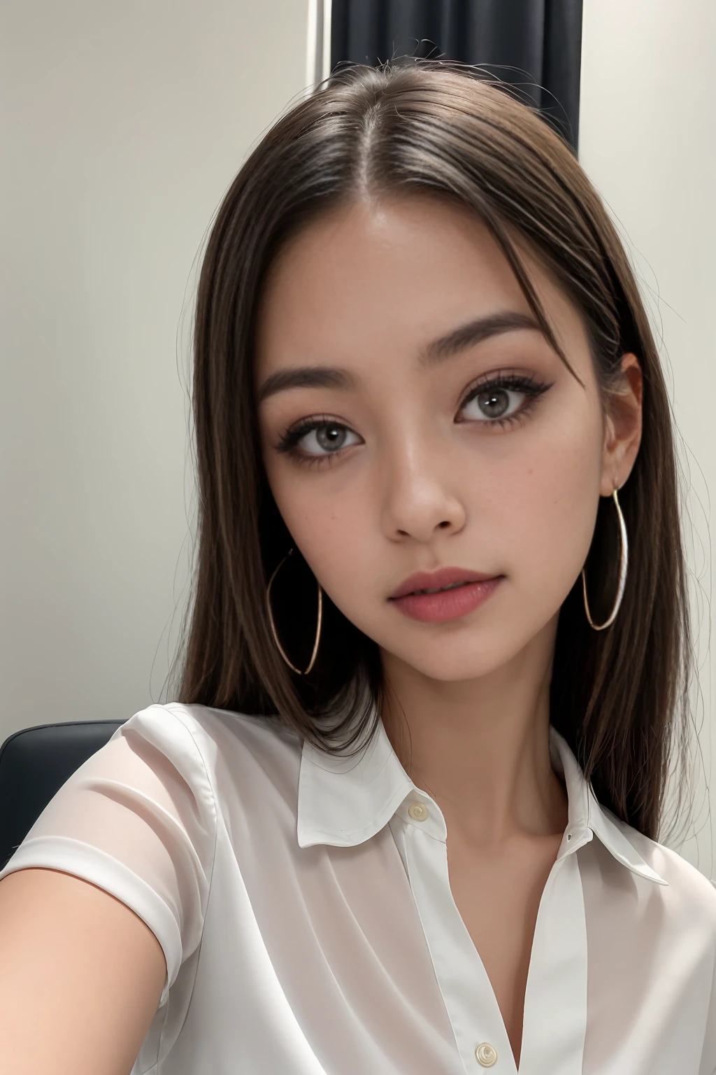 A young 19-year-old woman named Lila Nakamura with a mixed Japanese and Northern European heritage. She has thick dark black eyeliner, glossy lips, and a neutral to slight smile expression. She has straight, blonde hair that falls just past her shoulders, styled in a neat and polished manner. Her eyes are almond-shaped with a striking blue color, accentuated by subtle eyeshadow and mascara. Her skin has a light tone with a natural, fresh look, and she has a few delicate freckles across her nose. She is wearing a simple, professional outfit, consisting of a white blouse and dark jeans, and accessorized with small gold hoop earrings. The background is a neutral studio setting with soft lighting to highlight her features.