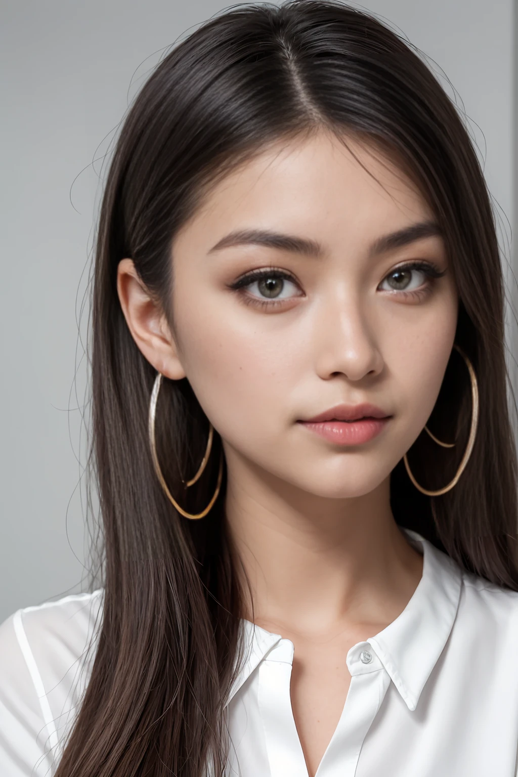 A young 19-year-old woman named Lila Nakamura with a mixed Japanese and Northern European heritage. She has thick dark black eyeliner, glossy lips, and a neutral to slight smile expression. She has straight, blonde hair that falls just past her shoulders, styled in a neat and polished manner. Her eyes are almond-shaped with a striking blue color, accentuated by subtle eyeshadow and mascara. Her skin has a light tone with a natural, fresh look, and she has a few delicate freckles across her nose. She is wearing a simple, professional outfit, consisting of a white blouse and dark jeans, and accessorized with small gold hoop earrings. The background is a neutral studio setting with soft lighting to highlight her features.