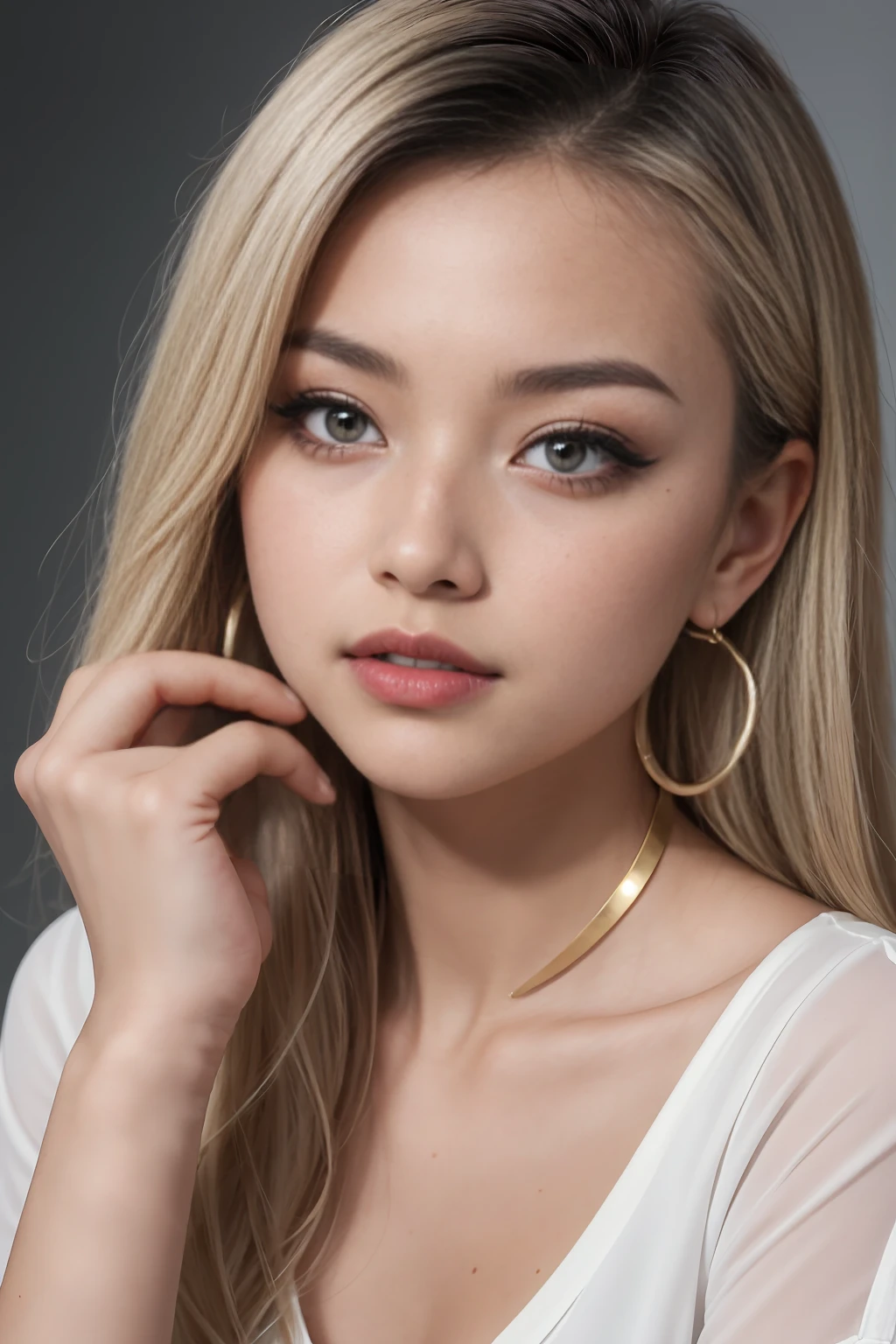 A young 19-year-old woman named Lila Nakamura with a mixed Japanese and Northern European heritage. She has thick dark black eyeliner, glossy lips, and a neutral to slight smile expression. She has straight, blonde hair that falls just past her shoulders, styled in a neat and polished manner. Her eyes are almond-shaped with a striking blue color, accentuated by subtle eyeshadow and mascara. Her skin has a light tone with a natural, fresh look, and she has a few delicate freckles across her nose. She is wearing a simple, professional outfit, consisting of a white blouse and dark jeans, and accessorized with small gold hoop earrings. The background is a neutral studio setting with soft lighting to highlight her features.