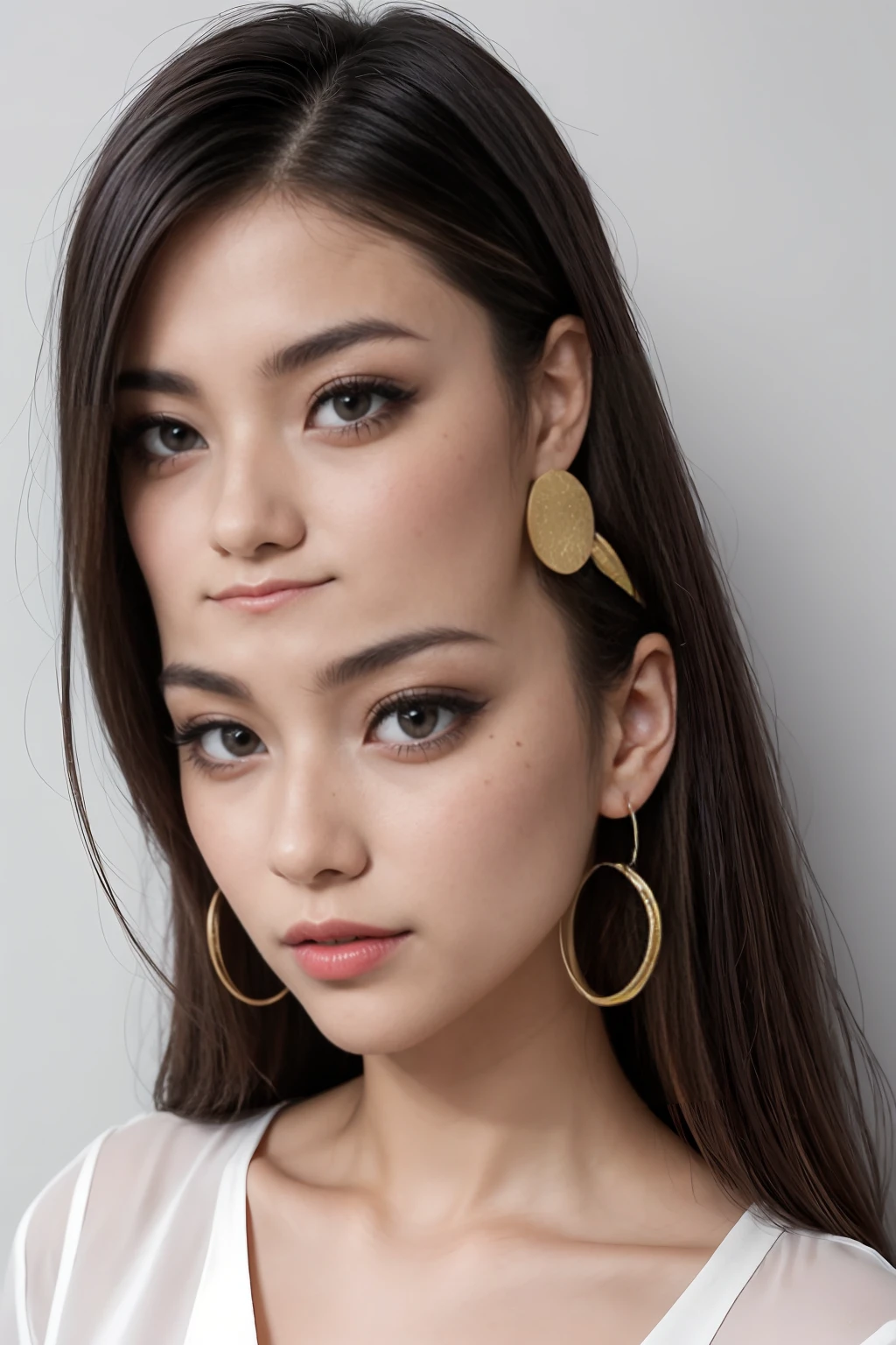 A young 19-year-old woman named Lila Nakamura with a mixed Japanese and Northern European heritage. She has thick dark black eyeliner, glossy lips, and a neutral to slight smile expression. She has straight, blonde hair that falls just past her shoulders, styled in a neat and polished manner. Her eyes are almond-shaped with a striking blue color, accentuated by subtle eyeshadow and mascara. Her skin has a light tone with a natural, fresh look, and she has a few delicate freckles across her nose. She is wearing a simple, professional outfit, consisting of a white blouse and dark jeans, and accessorized with small gold hoop earrings. The background is a neutral studio setting with soft lighting to highlight her features.