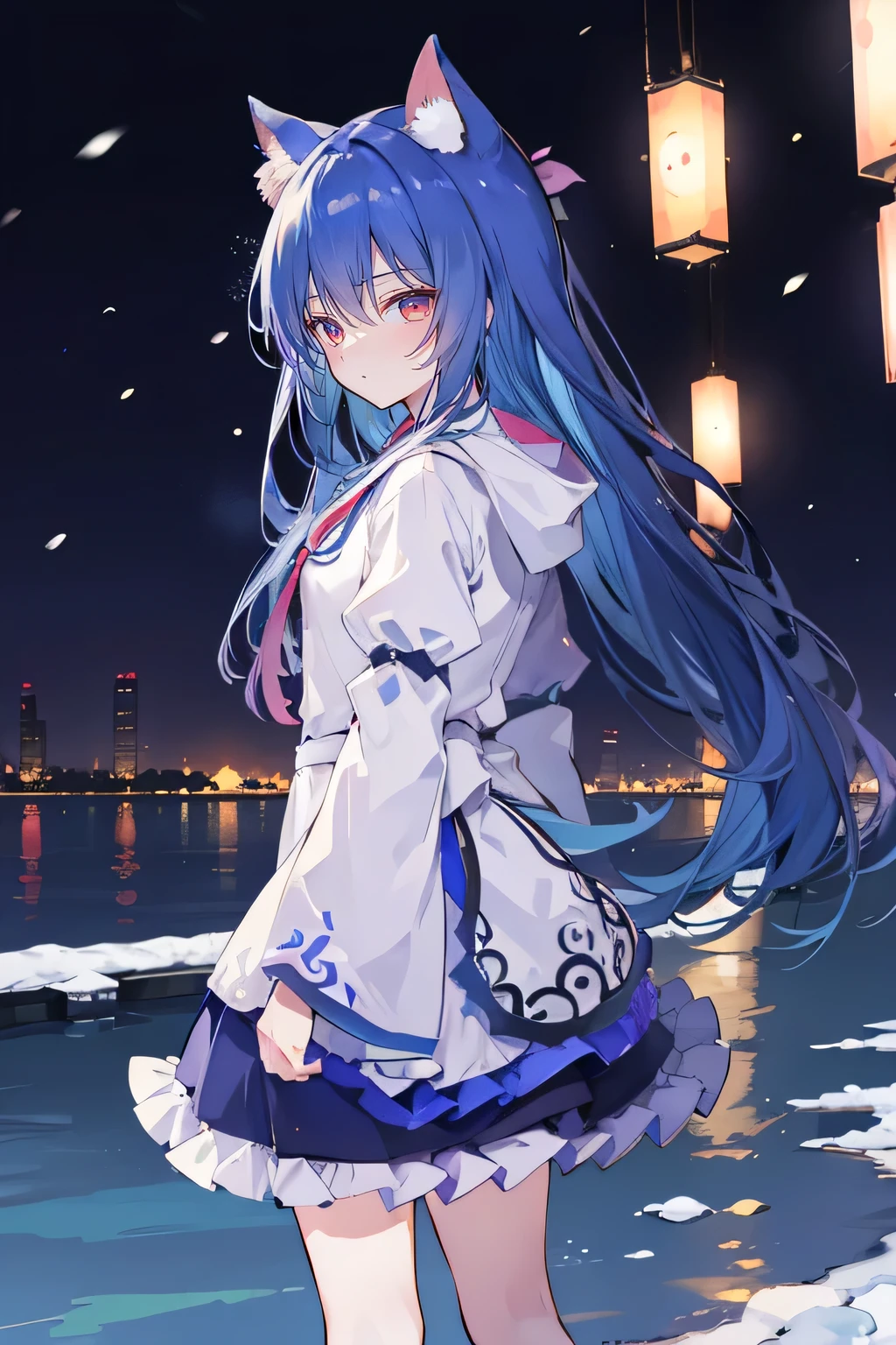 （masterpiece：1.2），Super detailed，lifelike，Expressive eyes，fair skin，perfect face shape，1 girl，
Japanese comics,Gorgeous blue hair,flowing blue hair,flowing clothes,Cat ears,Petals fall,beautiful lola,Baby Angel,
Shaking head with one hand，Cross your legs，Gentle and peaceful background，The pavilion is cool and comfortable,smile, wearing hoodie, background of night tokyo,back views,snowing, winter,lie on the water. 