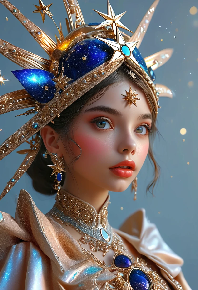 1girl, beautiful detailed eyes, beautiful detailed lips, extremely detailed face and skin, elaborate star headpiece, orbit, clean background, (best quality, 4k, 8k, highres, masterpiece:1.2), ultra-detailed, realistic, photorealistic, photo-realistic:1.37, 3D, professional, vivid colors, studio lighting
