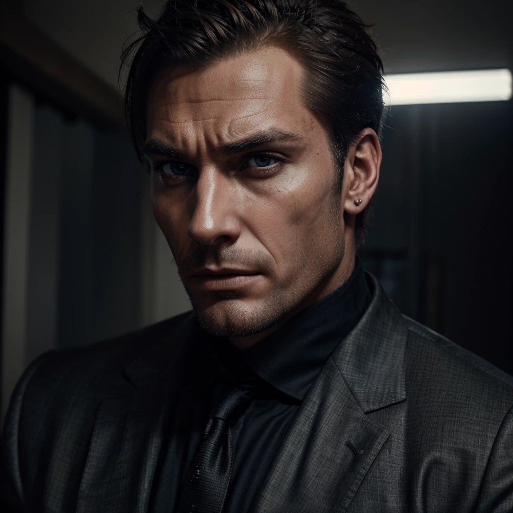 a sigma male, hyper-realistic, cinematic lighting, chiseled jawline, piercing eyes, rugged and imposing figure, wearing a tailored suit, confident and aloof expression, moody atmospheric background, dramatic shadows and highlights, high quality 8K, detailed realistic painting