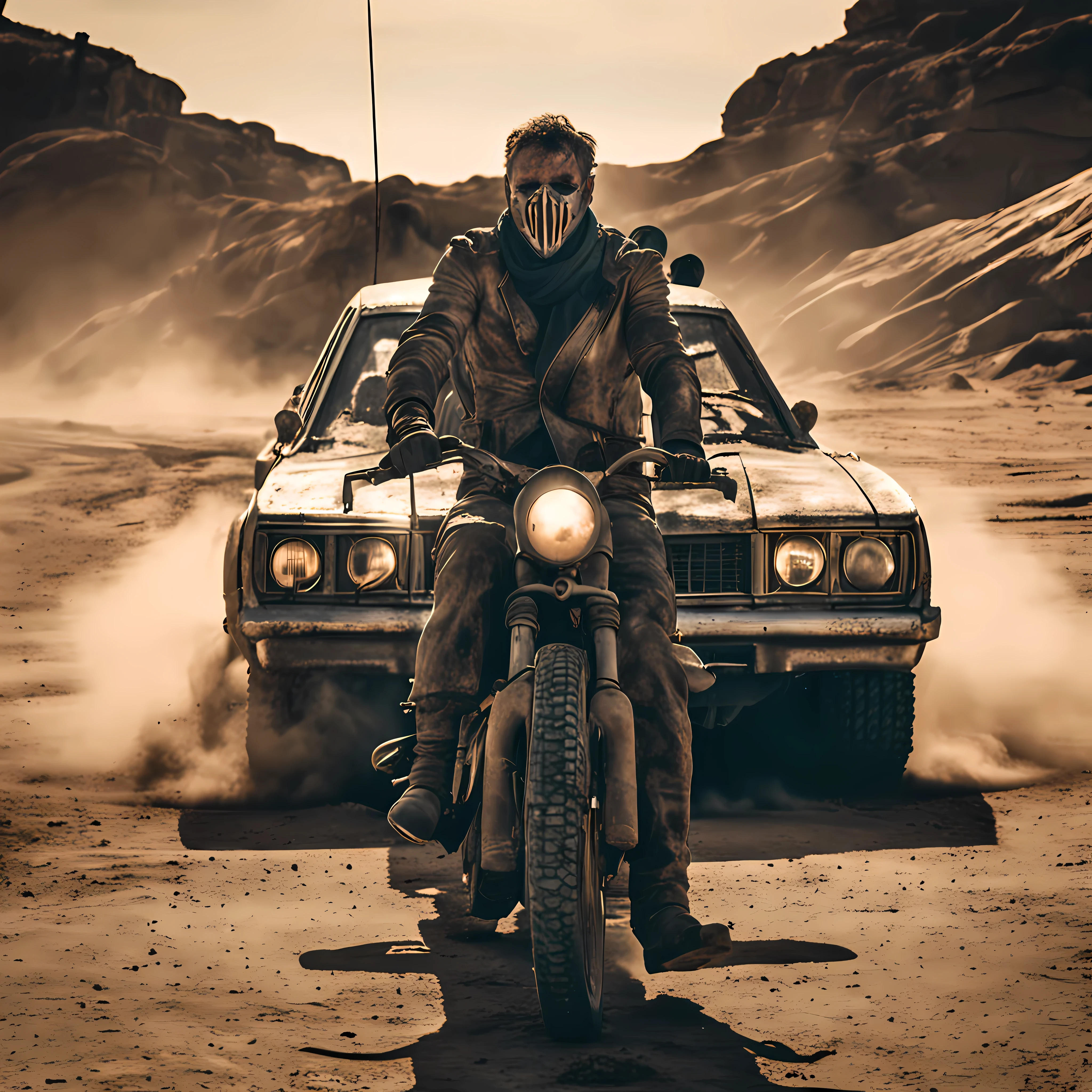 Scène de Mad Max Fury Road dans le style de Ridley Scott, aspect cinématographique, grain de film