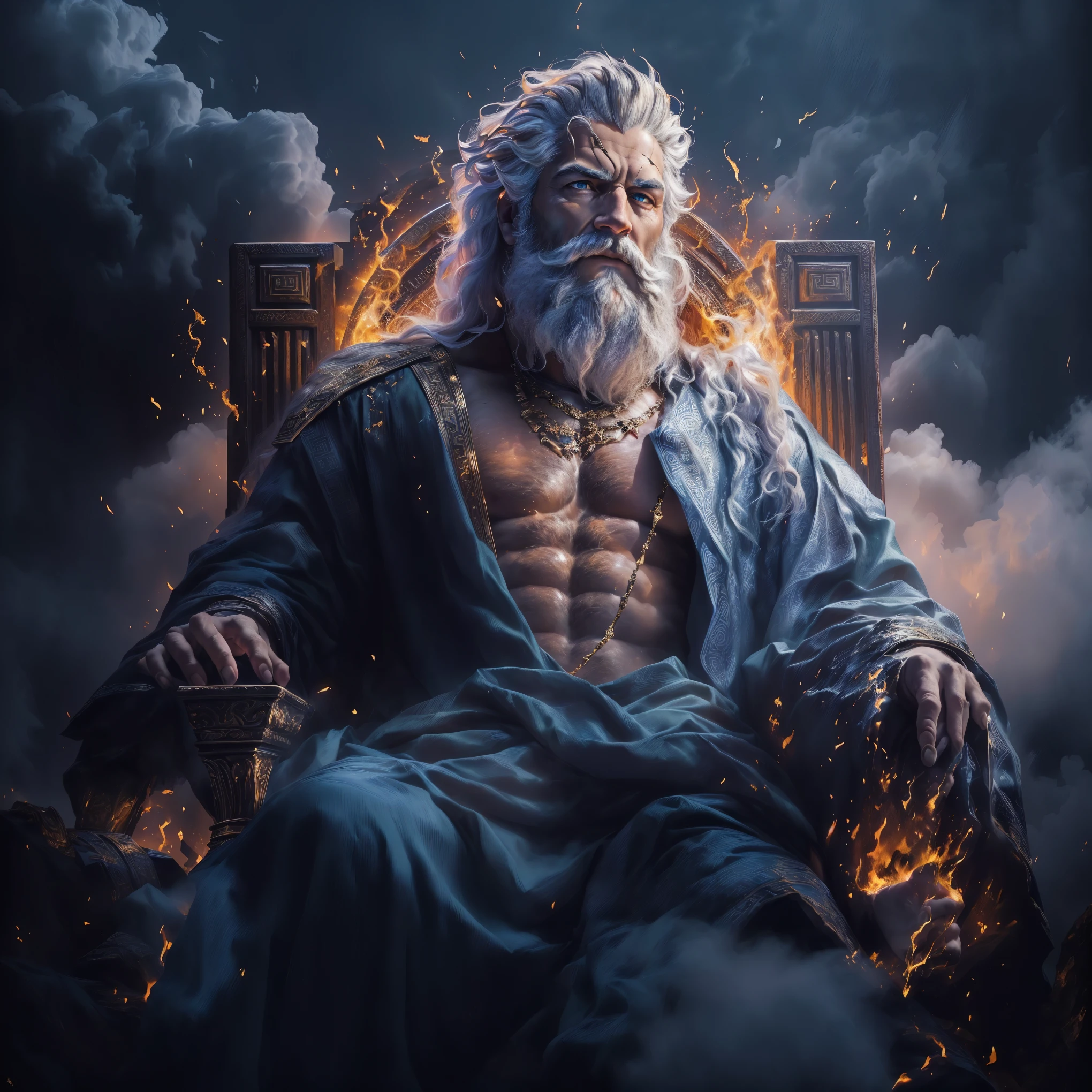 arafed image of a man sitting in a throne with a fire in his hand, furious god zeus, the god zeus, the god hades, epic scene of zeus, greek god, the god poseidon, ancient god, painted portrait of rugged zeus, ancient blacksmith god, father time, the god hephaestus, greek myth digital painting, norse god