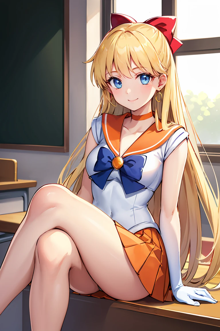 masterpiece, Highest quality, High resolution, Venus 1, One girl, alone, Sailor Warrior Uniforms, Sailor Venus, aino minako, Blonde, Magical girl, blue eyes, Orange Skirt, Elbow hand pockets, tiara, Pleated skirt, Hair Ribbon, Orange sailor collar, mini skirt, choker, Red Bow, orange choker, White gloves, Very long hair, jewelry, Earrings, Sitting, Crossing your legs,The background is a school classroom,smile、