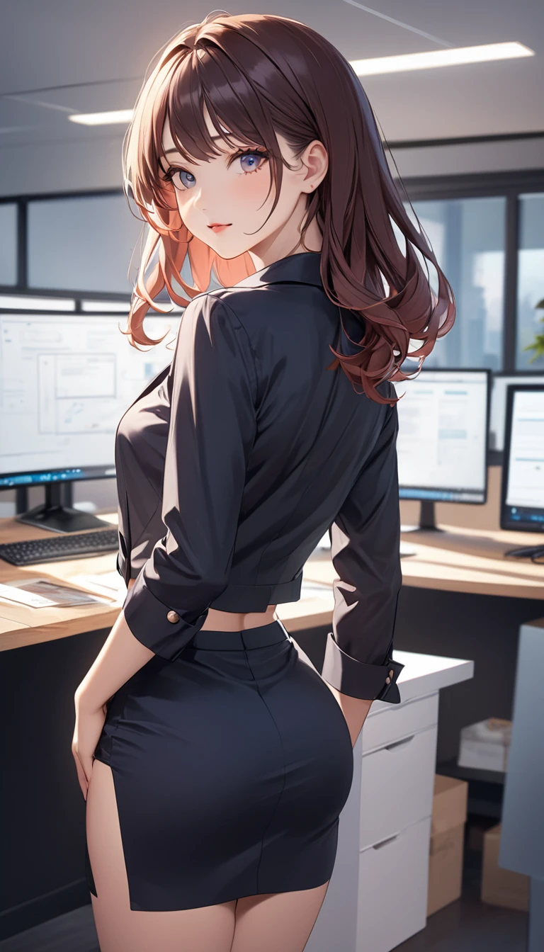 (((masterpiece))),(((High resolution)))、(((8K)))、(((perfect face)))、(((beauty of japan)))、30 years old、(((beautiful face))), (((office))), (((shirt))), ((pencil skirt)), ((tights)), embarrassed look, look at the camera, top quality eyes, detailed texture, look at the camera, all body, big, Married woman, cool women, (((high resolution eyes))), ((back)), ((ass))