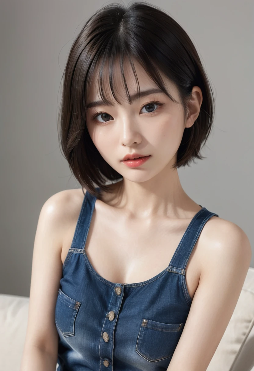 photorealistic, Photography ,BREAK, short hair woman, taking a (selfie:1.5) , (black T-shirts and denim pants), sitting on the sofa, white background, (short hair), BREAK, 8k , LAW , best-quality, masterpiece, hyper realistic detail shiny skin , natural shading , realistic shadow, BREAK (hyper realistic detail shiny skin, detailed skin, detailed hair, ultra sharpness, intricate details), perfect anatomy