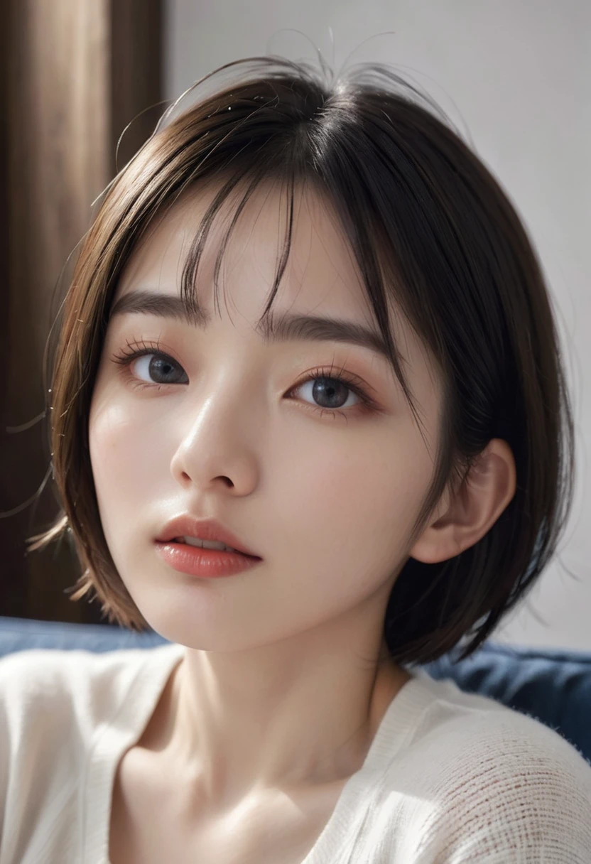 photorealistic, Photography ,BREAK, short hair woman, taking a (selfie:1.5) , (black T-shirts and denim pants), sitting on the sofa, white background, (short hair), BREAK, 8k , LAW , best-quality, masterpiece, hyper realistic detail shiny skin , natural shading , realistic shadow, BREAK (hyper realistic detail shiny skin, detailed skin, detailed hair, ultra sharpness, intricate details), perfect anatomy