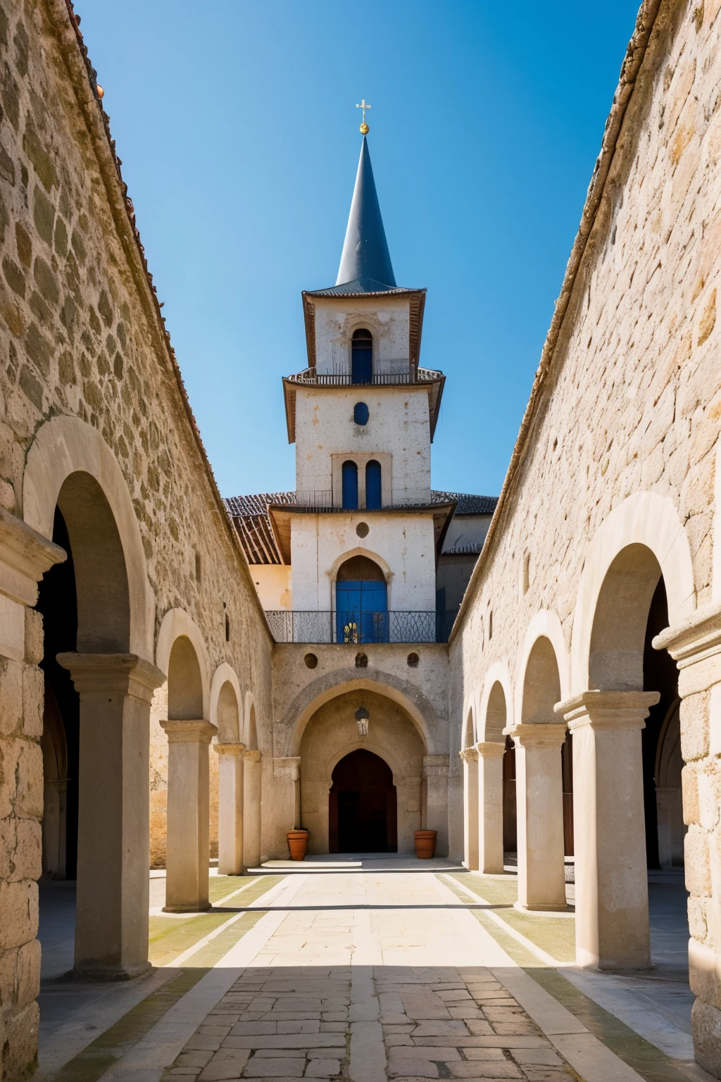 Create a detailed, stylized vector image of the São Bento Monastery, located in Santo Tirso, portugal. The illustration should capture the historic and unique architecture of the monastery, including your bows, columns, and the imposing facade. Use soft colors and clean lines to highlight architectural details and add an artistic touch to the image. The composition must convey the grandeur and serene beauty of the monastery, with special attention to ornaments and decorative details.