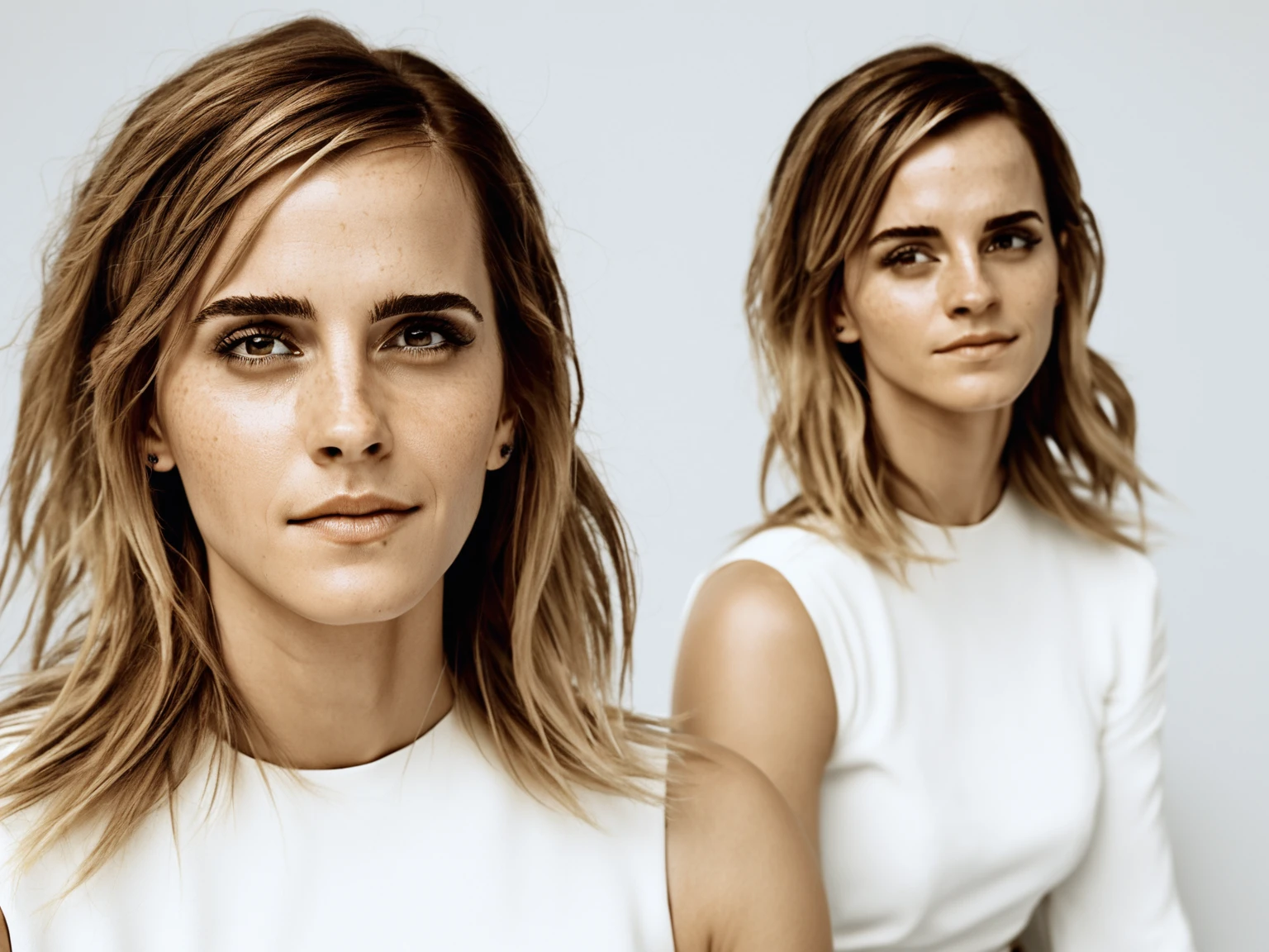 high quality  sexy photography of Emma Watson, celebrity , hollywood actress, woman, female , long white blonde  hair, perfect eye, highly detailed, ( insanely detailed skin texture , detailed face , depth of field,photorealistic , ultra detailed  )