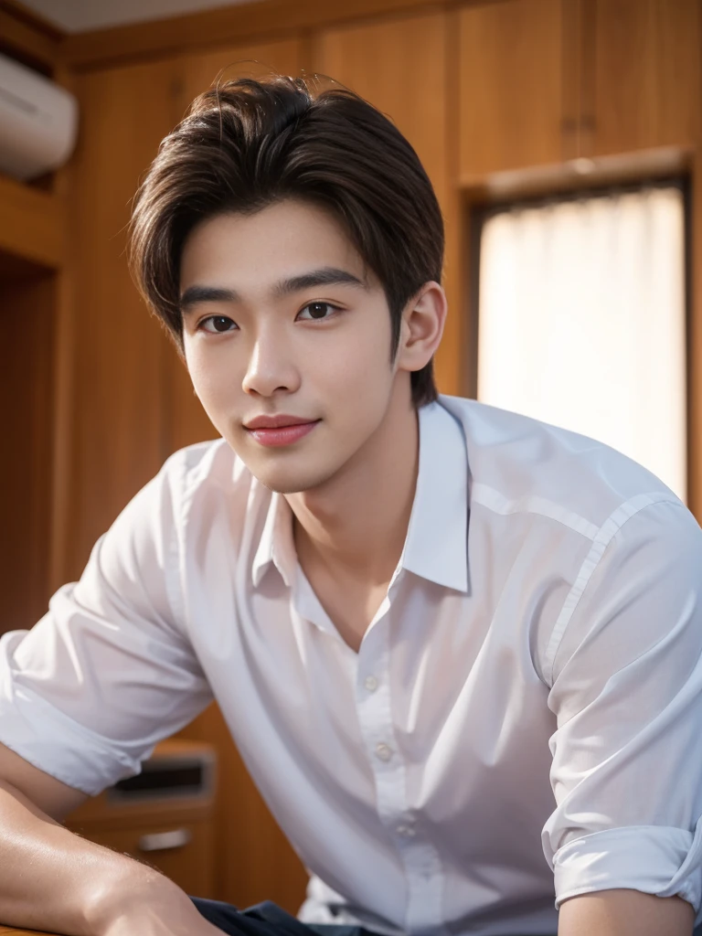 male handsome 20-year-old handsome shirt guy，looking to the camera，frontage，high qulity，tmasterpiece，8K.4K,1080P，Light-sensitive, ยิ้ม