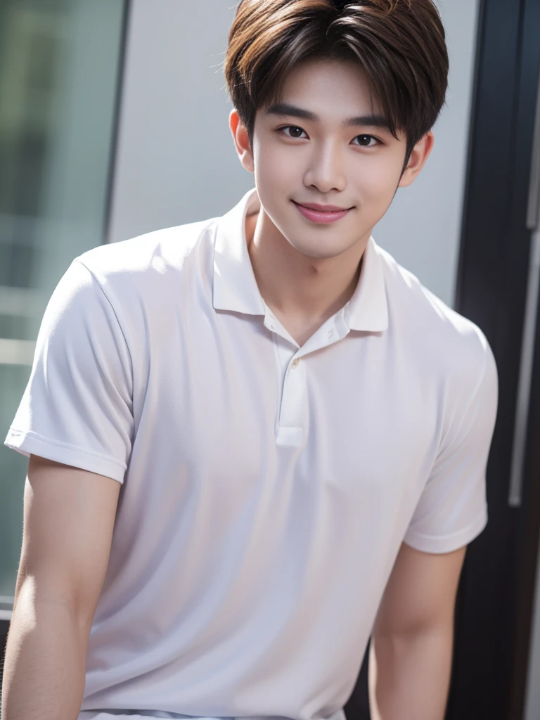 male handsome 20-year-old handsome shirt guy,looking to the camera,frontage,high qulity,tmasterpiece,8K.4K,1080P,Light-sensitive, ยิ้ม