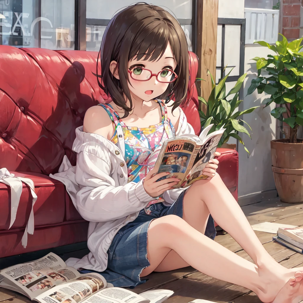 barefoot、、NFSW、Miku、Girl reading a magazine、Interested々、Glasses、Casual wear
