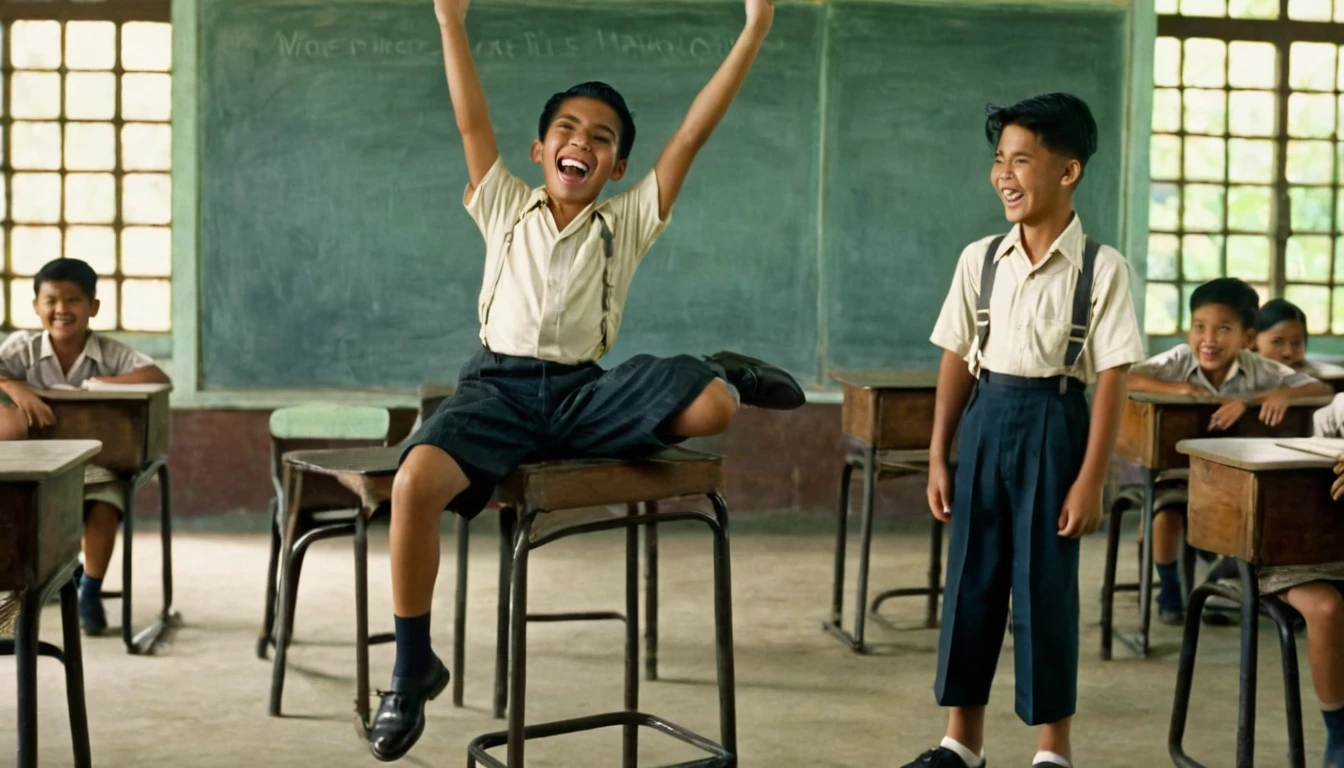 in 1938 in Malaya, a Indonesian Malay kid, age 12, short coily hair, wearing , short pants, black shoes. He's been punished, He is standing on top of the classroom chair, other student laugh at him, background of classroom. beautiful morning, colored film. Wes Henderson film style. hyper realistic