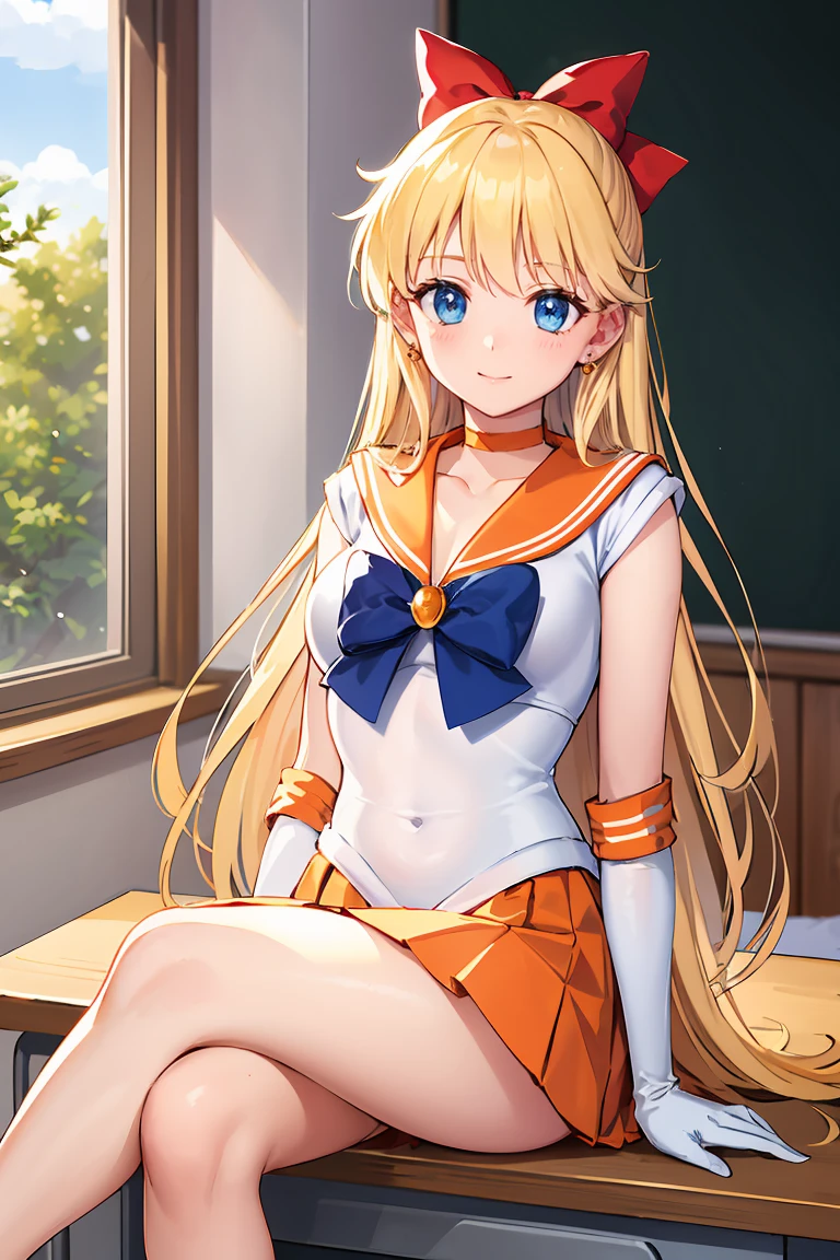 masterpiece, Highest quality, High resolution, Venus 1, One girl, alone, Sailor Warrior Uniforms, Sailor Venus, aino minako, Blonde, Magical girl, blue eyes, Orange Skirt, Elbow hand pockets, tiara, Pleated skirt, Hair Ribbon, Orange sailor collar, mini skirt, choker, Red Bow, orange choker, White gloves, Very long hair,  jewelry,  Earrings, Sitting, Crossing your legs,The background is a school classroom,smile、