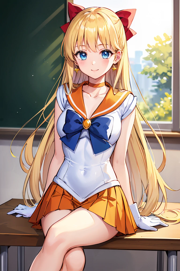 masterpiece, Highest quality, High resolution, Venus 1, One girl, alone, Sailor Warrior Uniforms, Sailor Venus, aino minako, Blonde, Magical girl, blue eyes, Orange Skirt, Elbow hand pockets, tiara, Pleated skirt, Hair Ribbon, Orange sailor collar, mini skirt, choker, Red Bow, orange choker, White gloves, Very long hair, jewelry, Earrings, Sitting, Crossing your legs,The background is a school classroom,smile、
