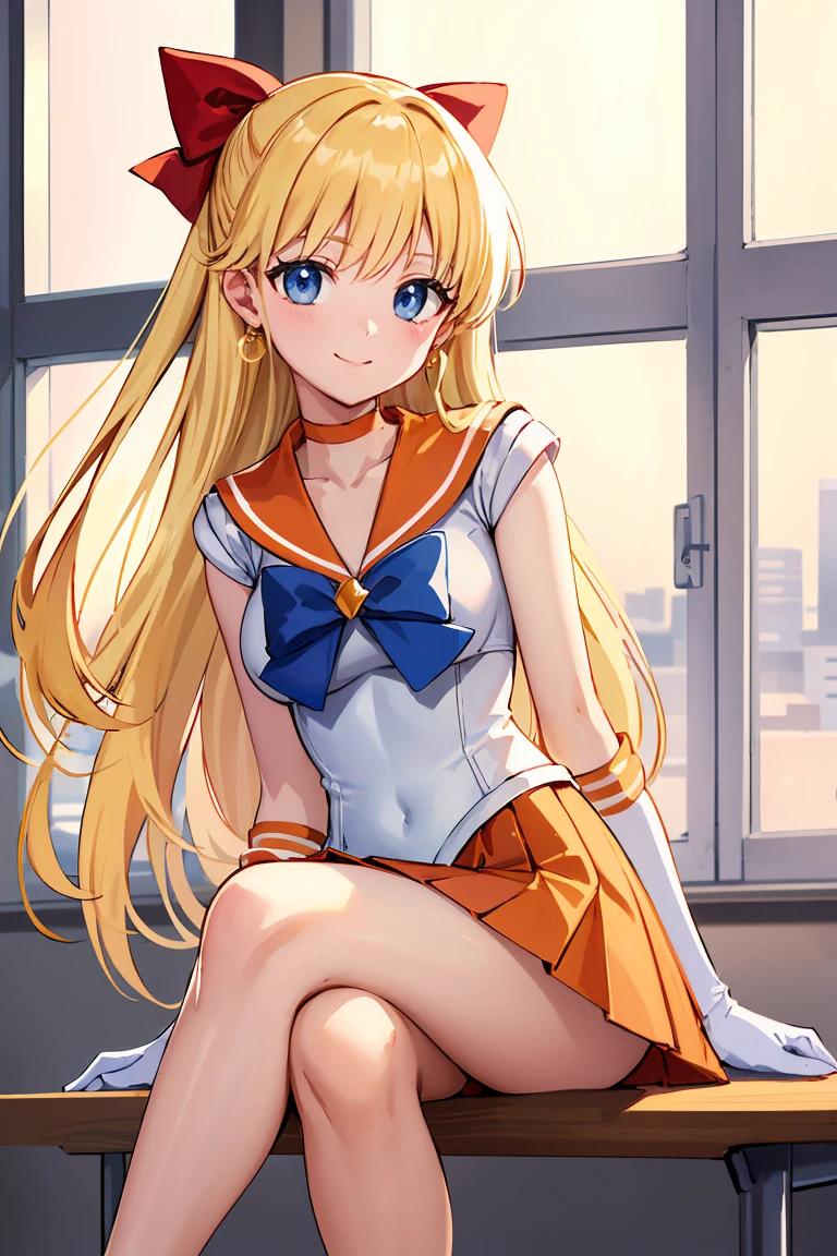 masterpiece, Highest quality, High resolution, Venus 1, One girl, alone, Sailor Warrior Uniforms, Sailor Venus, aino minako, Blonde, Magical girl, blue eyes, Orange Skirt, Elbow hand pockets, tiara, Pleated skirt, Hair Ribbon, Orange sailor collar, mini skirt, choker, Red Bow, orange choker, White gloves, Very long hair,  jewelry,  Earrings, Sitting, Crossing your legs,The background is a school classroom,smile、