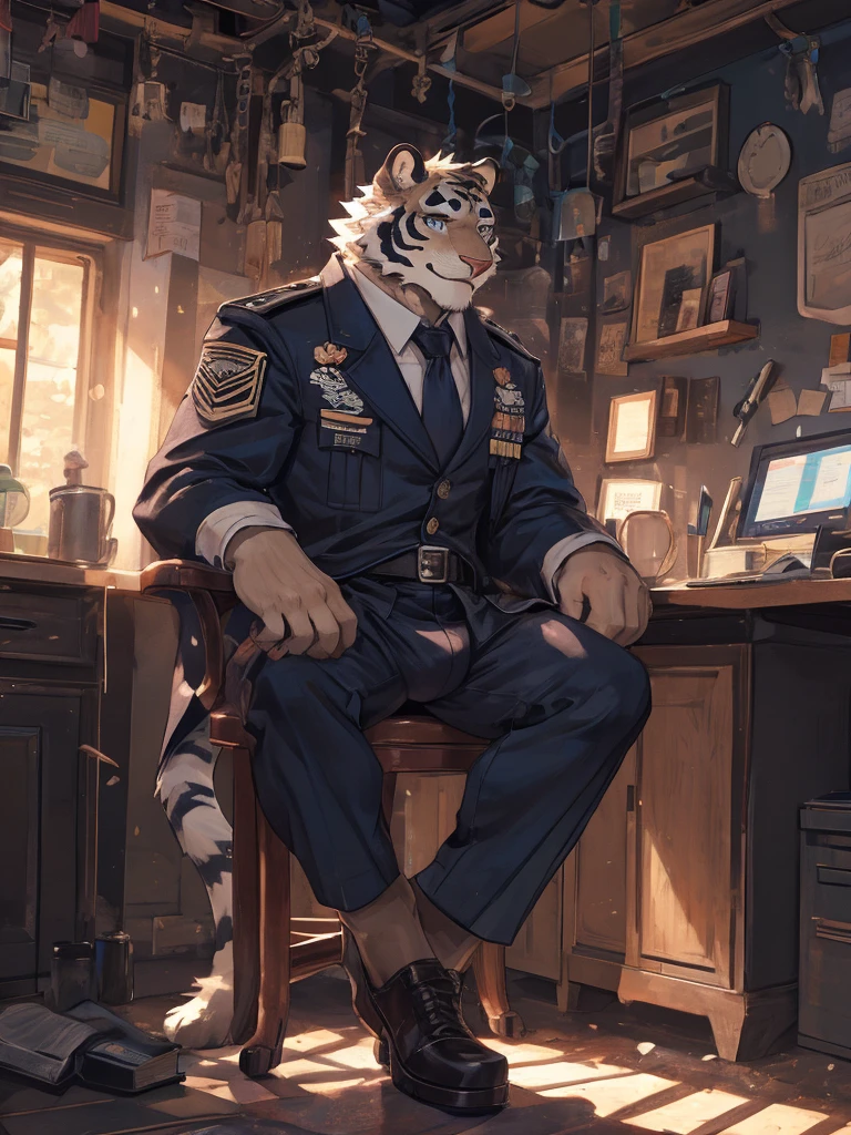 {{bara extremely handsome white tiger,}} {{white fur,}} white, wearing military like purple trench coat, purple trousers, white dress shirt and necktie, white fluffy furry body and limbs, loafers, very tall, very broad shoulders, narrow waist, muscular arms, massive pecs, purple eyes, very long legs, sitting on swivel chair with legs spread, massive bulge, reading file, sophisticated smart look, full body, sunlight casting over, 3/4 view, best quality, high quality, silver earring on left ear, sultry smirk