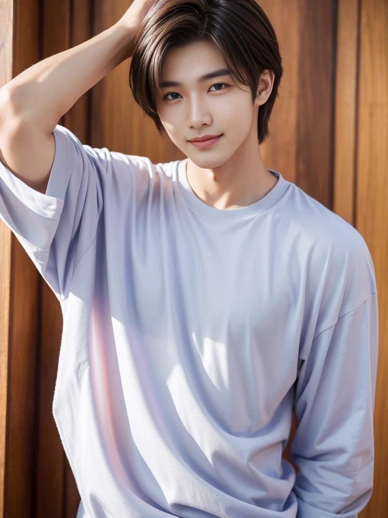 male handsome 20-year-old handsome shirt guy,looking to the camera,frontage,high qulity,tmasterpiece,8K.4K,1080P,Light-sensitive, ยิ้ม, ,มุมกว้าง