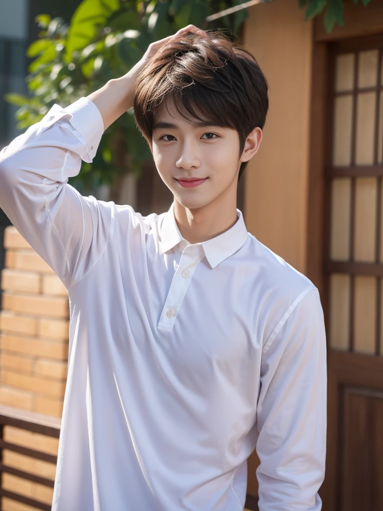 male handsome 20-year-old handsome shirt guy,looking to the camera,frontage,high qulity,tmasterpiece,8K.4K,1080P,Light-sensitive, ยิ้ม