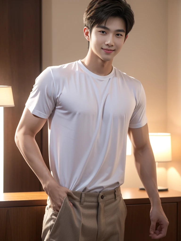 single: 1.5, (ที่TRUEแล้ว, Masterpiece, 8k HD, good light quality, sportswear, to fit the face, complicated details), A handsome Korean man with muscular arms.. , 20 years old, be happy, smile brightly, detailed face, delicate eyes, look at the sky, Wear a tight white t-shirt.:1.6 ., black eyes, Black hair color, ผมsmooth, smooth，SurTRUE，Excellent details，Highest quality，TRUE，Open your mouth to talk.. , Close your eyes.., (standing in the bathroom:1.5)