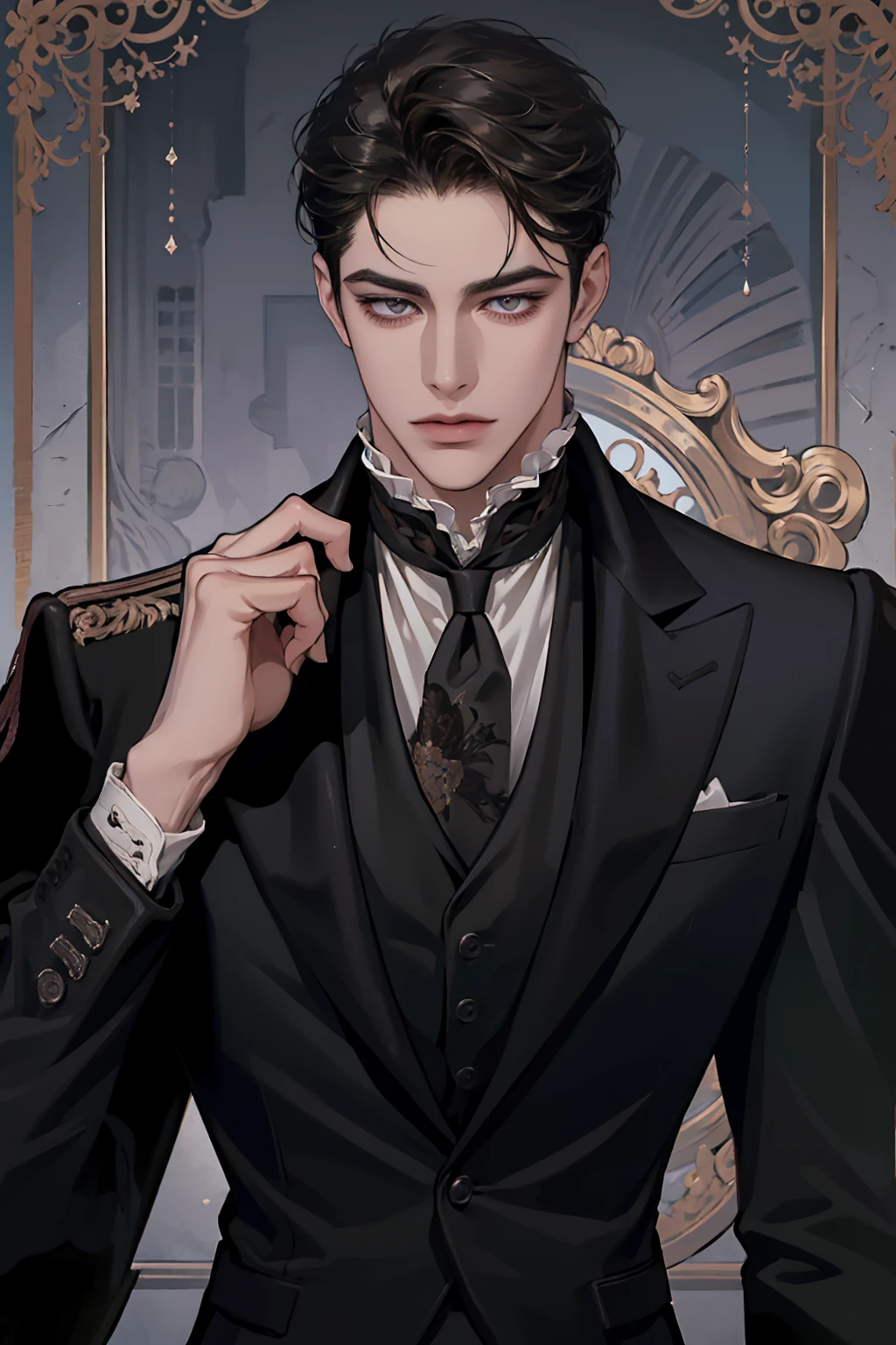 (absurd, ultra-detailed, high quality, masterpiece), 1 man, solo, adult, mature, handsome, tall muscular guy, broad shoulders, elegant pose, upper body, dark short styled hair, hazel eyes, intricate eyes, noble, aloof, anime style, regency era, dark clothing, neat suit, cravat, white shirt
