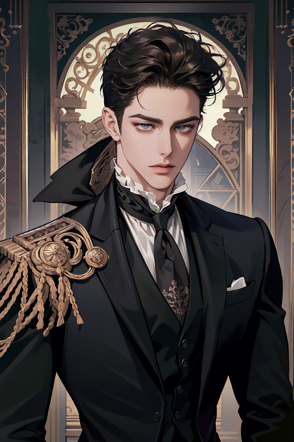 (absurd, ultra-detailed, high quality, masterpiece), 1 man, solo, adult, mature, handsome, tall muscular guy, broad shoulders, elegant pose, upper body, dark short styled hair, hazel eyes, intricate eyes, noble, aloof, anime style, regency era, dark clothing, neat suit, cravat, white shirt