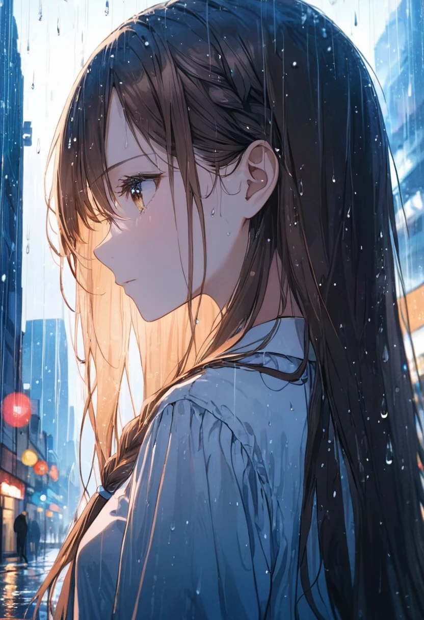 One girl, profile, Look to the side, Depth of written boundary, Long Hair, French Braid, Straight hair, Portraiture, Modern city, blouse, Brown Hair, look up, rain, raindrop, Lens flare, rainの夜空、eyeliner, eye shadow, masterpiece, Highest quality、Dark Background