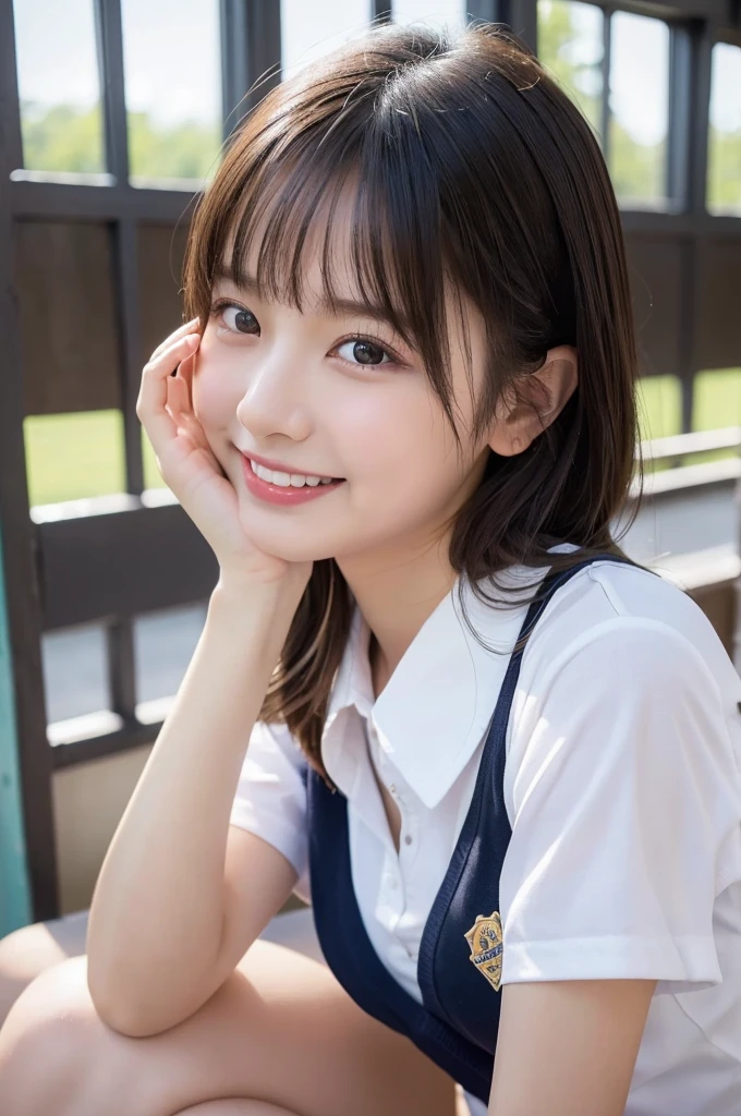 (Highest quality,8K quality,masterpiece:1.3),(超A high resolution,Photorealistic:1.4,RAW Photos),(Very detailed,Caustics,Detailed Background),(Ultra-Realistic Capture,Fine and beautiful skin,Perfect Anatomy),Daytime,School,Schoolyard,18-year-old,cute,single eyelid,Black Hair,Schoolのブレザーの制服,Laughter,Bust up shot,Natural soft light,photorealistic,I can see your feet,b-cup,Erotic,cute下着,I can see your underwear