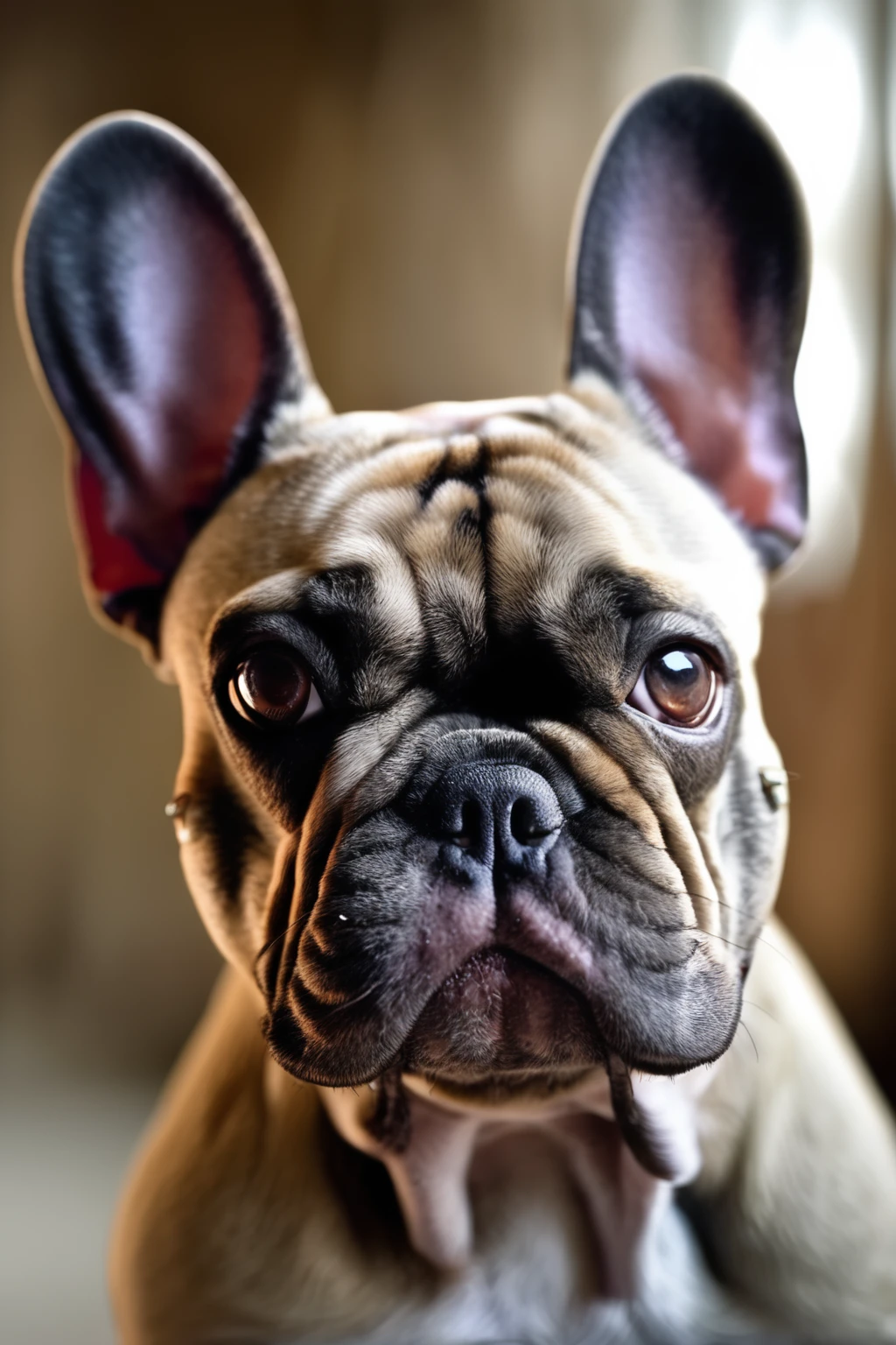 French Bulldog, close-up, portrait, expressive eyes, wrinkled face, bat-like ears, softly blurred background, natural lighting, fur texture, playful, inquisitive