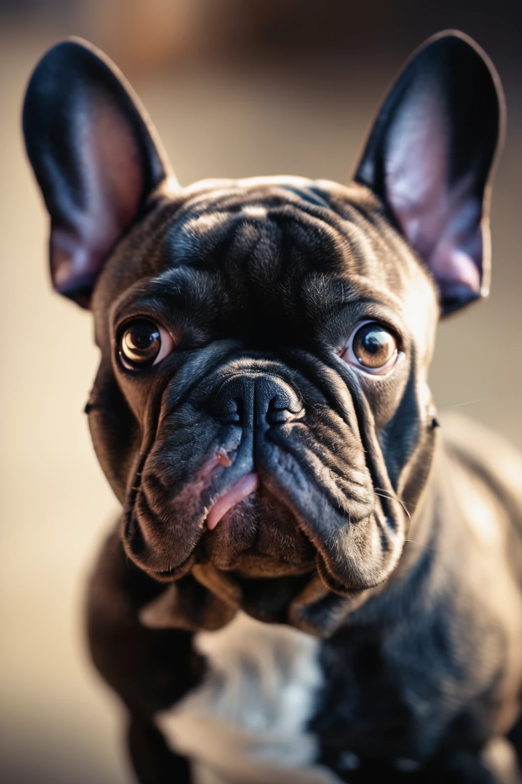 French Bulldog, close-up, portrait, expressive eyes, wrinkled face, bat-like ears, softly blurred background, natural lighting, fur texture, playful, inquisitive
