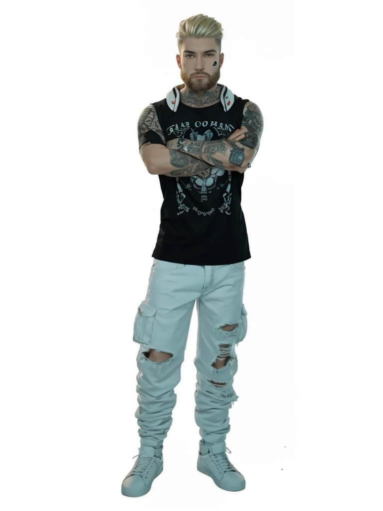 A strong man with fair skin and full body, with short blonde hair, with beard, with tattoos on the arm, with a black t-shirt and fashionable low-cut white jeans.