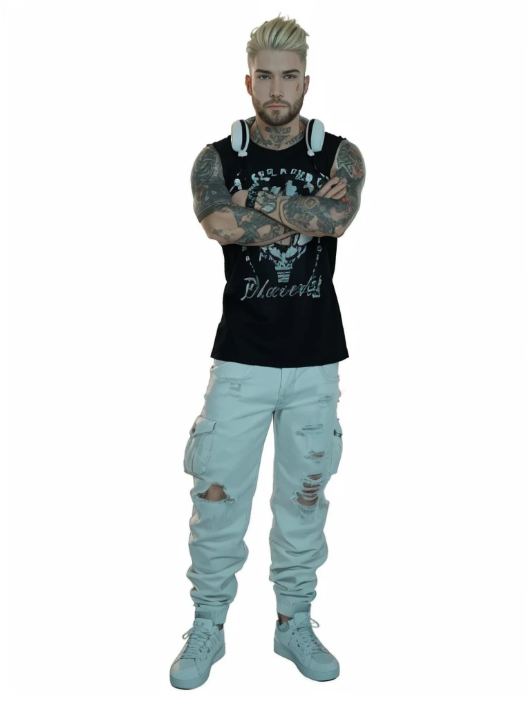 A strong man with fair skin and full body, with short blonde hair, with beard, with tattoos on the arm, with a black t-shirt and fashionable low-cut white jeans.