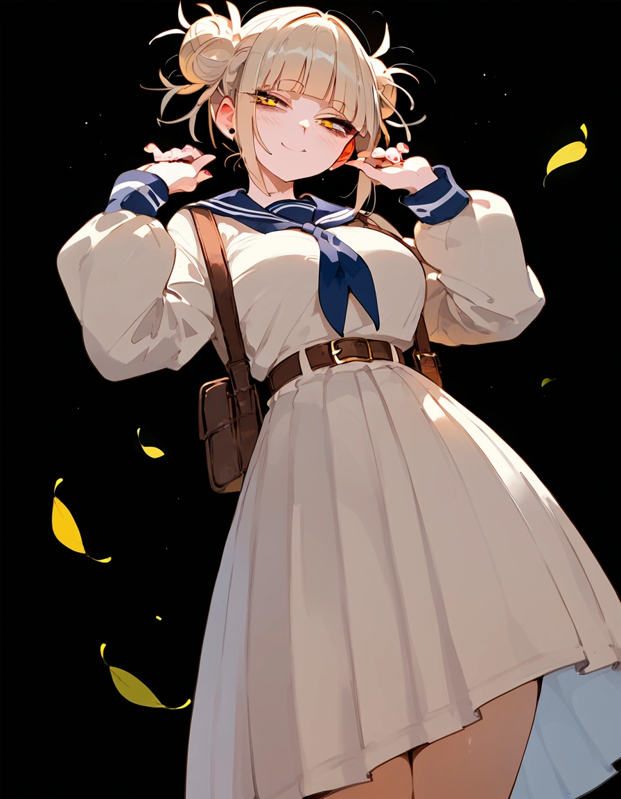 anime artwork, score_9, score_8_up, score_7_up, score_6_up, score_5_up, score_4_up, floox style    //////Himiko toga, big breasts, she is 24 years old, style_3, yellow eyes, black background, dress