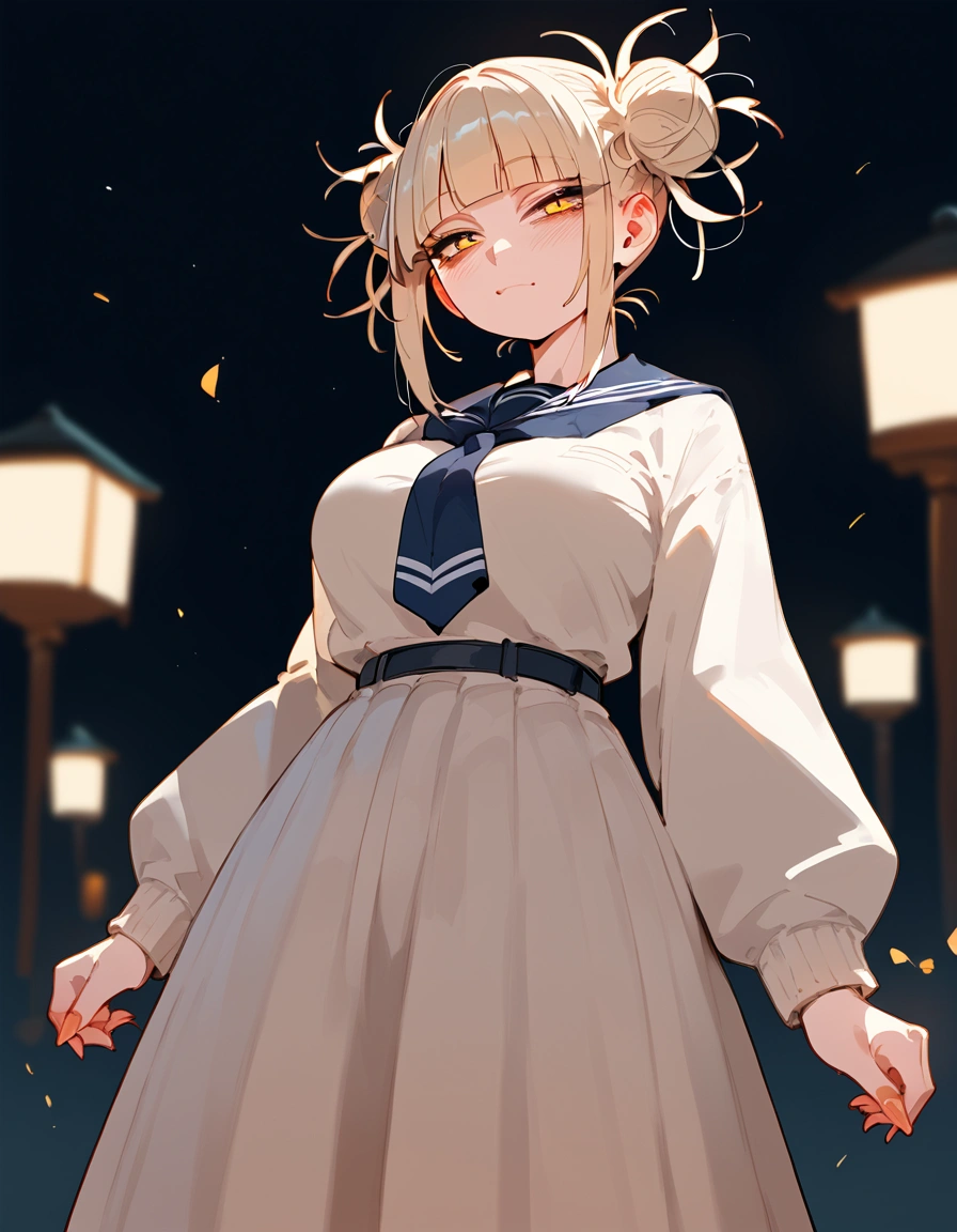 anime artwork, score_9, score_8_up, score_7_up, score_6_up, score_5_up, score_4_up, floox style //////Himiko toga, big breasts, she is 24 years old, style_3, yellow eyes, black background, dress