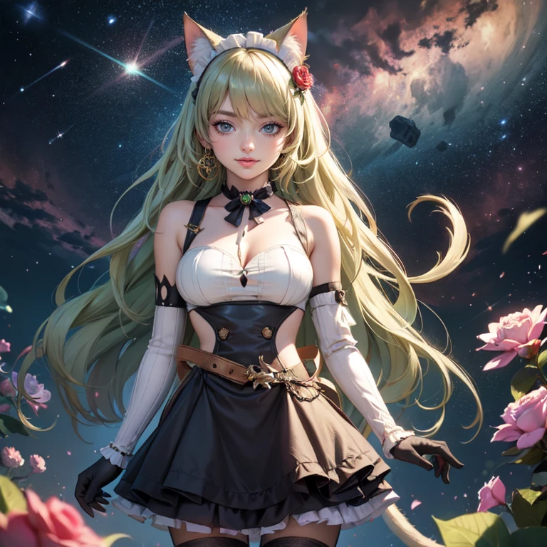 1girl, white maid dress, jewelry, green hair, flowing hair, long hair, maid dress with a short skirt and layers, white laces, white boots, white dress with transparency, gold details on her clothes, cat ears, animal ears,  more details, perfectly body, perfectly hands, two hands, two legs, two arms, five fingers, glowing hair, best quality, cat ears, animal ears, tail ornament, tail bow, white gloves, two cat tail, white gloves, alone, maid headdress, choker, detached sleeves, maid dress, maid white dress, strapless, masterpeice, best quality, detailed face, night, mobius (honkai impact), honkai (series), honkai impact 3rd, asymmetrical gloves, bangs, white short skirt , white gloves, white boots, earrings, elbow gloves, fishnet thighhighs, fishmasterpeice, solo, best quality, detailed face, gloves, green eyes, green hair, hair between eyes, jewelry, long hair, looking at viewer, single earring, sky, sleeveless, solo, thigh boots, thighhighs, tongue, tongue out, uneven gloves, cat ears, animal ears, cat tail, , solo, alone, Looking at the viewer, More details on the clothes, magenta roses on her hair, space scenery, maid, maid dress, magenta details, magenta roses, maid headdress, maid apron, purple hair, long hair, seat on the Saturn rings, bats details on her clothes, more details on her clothes, gold details on her clothes, space, smiling, standing her hand to a viewer, looking at the viewer, in the background a several asteroids glowing with fiery auras, Dramatic lighting from distant stars and planets illuminates the scene, looking at the vast and mysterious universe, cowboy shot, upper body portrait, more details, sparkle,