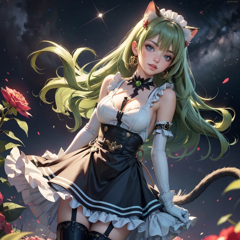 1girl, white maid dress, jewelry, green hair, flowing hair, long hair, maid dress with a short skirt and layers, white laces, white boots, white dress with transparency, gold details on her clothes, cat ears, animal ears,  more details, perfectly body, perfectly hands, two hands, two legs, two arms, five fingers, glowing hair, best quality, cat ears, animal ears, tail ornament, tail bow, white gloves, two cat tail, white gloves, alone, maid headdress, choker, detached sleeves, maid dress, maid white dress, strapless, masterpeice, best quality, detailed face, night, mobius (honkai impact), honkai (series), honkai impact 3rd, asymmetrical gloves, bangs, white short skirt , white gloves, white boots, earrings, elbow gloves, fishnet thighhighs, fishmasterpeice, solo, best quality, detailed face, gloves, green eyes, green hair, hair between eyes, jewelry, long hair, looking at viewer, single earring, sky, sleeveless, solo, thigh boots, thighhighs, tongue, tongue out, uneven gloves, cat ears, animal ears, cat tail, , solo, alone, Looking at the viewer, More details on the clothes, magenta roses on her hair, space scenery, maid, maid dress, magenta details, magenta roses, maid headdress, maid apron, purple hair, long hair, seat on the Saturn rings, bats details on her clothes, more details on her clothes, gold details on her clothes, space, smiling, standing her hand to a viewer, looking at the viewer, in the background a several asteroids glowing with fiery auras, Dramatic lighting from distant stars and planets illuminates the scene, looking at the vast and mysterious universe, cowboy shot, upper body portrait, more details, sparkle,