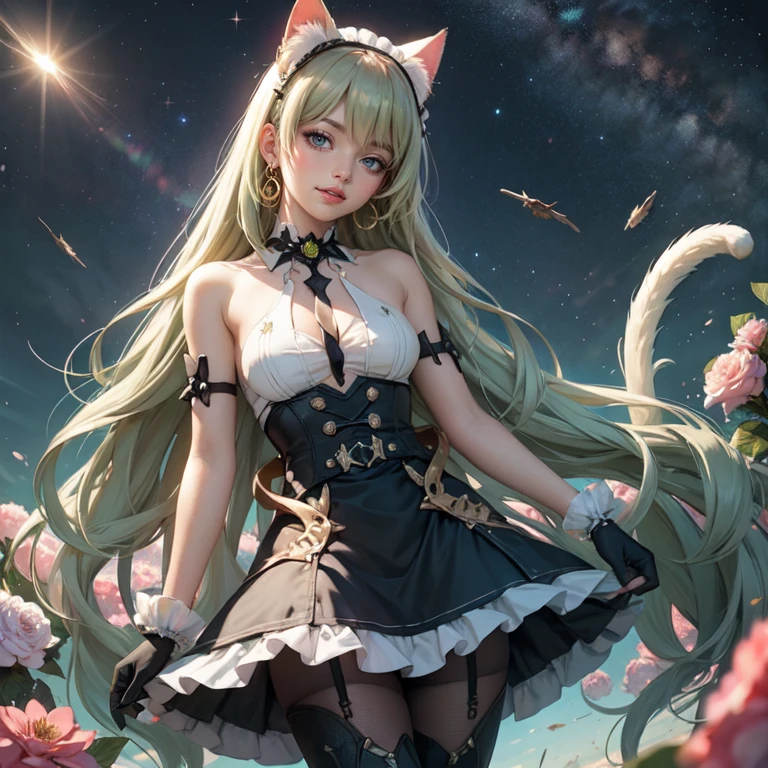 1girl, white maid dress, jewelry, green hair, flowing hair, long hair, maid dress with a short skirt and layers, white laces, white boots, white dress with transparency, gold details on her clothes, cat ears, animal ears, more details, perfectly body, perfectly hands, two hands, two legs, two arms, five fingers, glowing hair, best quality, cat ears, animal ears, tail ornament, tail bow, white gloves, two cat tail, white gloves, alone, maid headdress, choker, detached sleeves, maid dress, maid white dress, strapless, masterpeice, best quality, detailed face, night, mobius (honkai impact), honkai (series), honkai impact 3rd, asymmetrical gloves, bangs, white short skirt , white gloves, white boots, earrings, elbow gloves, fishnet thighhighs, fishmasterpeice, solo, best quality, detailed face, gloves, green eyes, green hair, hair between eyes, jewelry, long hair, looking at viewer, single earring, sky, sleeveless, solo, thigh boots, thighhighs, tongue, tongue out, uneven gloves, cat ears, animal ears, cat tail, , solo, alone, Looking at the viewer, More details on the clothes, magenta roses on her hair, space scenery, maid, maid dress, magenta details, magenta roses, maid headdress, maid apron, purple hair, long hair, seat on the Saturn rings, bats details on her clothes, more details on her clothes, gold details on her clothes, space, smiling, standing her hand to a viewer, looking at the viewer, in the background a several asteroids glowing with fiery auras, Dramatic lighting from distant stars and planets illuminates the scene, looking at the vast and mysterious universe, cowboy shot, upper body portrait, more details, sparkle,
