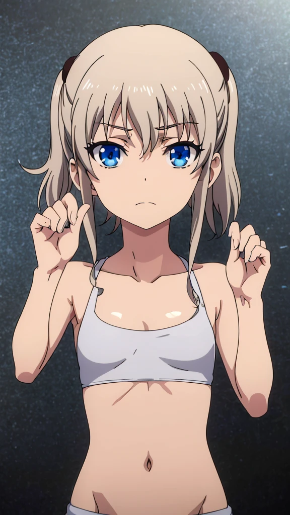 short girl, masterpiece, highres, solo, 8k, detailed, perfect face, best quality, (ultra high quality), looking viewers, (armpit), collarbone, bare arm, medium breast, cleavage, silver hair, twintails hair, blue eyes, belly, stomach, navel, abs, midriff, slim body, upper body, emotionless, flat face, hands up