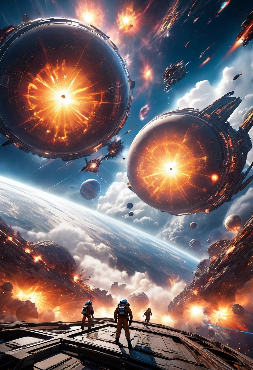 a epic intergalactic space war, hyperrealistic, highly detailed, cinematic composition, dramatic lighting, glowing futuristic spacecraft, advanced alien technology, massive planetary bodies, swirling cosmic energy, heroic astronauts in combat, intricate mechanical designs, fiery explosions, towering space stations, dynamic camera angles, vibrant color palette, photorealistic textures, volumetric fog, dramatic tension, sense of scale and grandeur