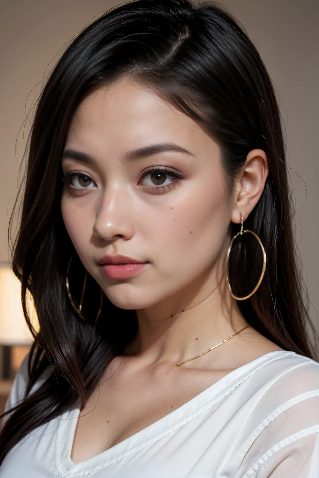 A young 19-year-old woman named Lila Nakamura with a mixed Japanese and Northern European heritage. She has thick dark black eyeliner, glossy lips, and a cute, endearing expression. She has straight, black hair with blonde highlights or a blonde tint that falls just past her shoulders, styled in a neat and polished manner. Her eyes are almond-shaped with a light, striking blue color, accentuated by subtle eyeshadow and mascara. Her skin has a light tone with a natural, fresh look, and she has a few delicate freckles across her nose. She is wearing a simple, professional outfit, consisting of a white blouse and dark jeans, and accessorized with small gold hoop earrings. The background is a neutral studio setting with soft lighting to highlight her features.