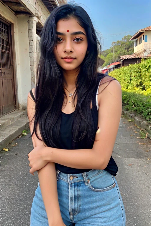 beautiful cute young attractive indian teenage girl, village girl, 18 years old, cute, Instagram model, long black_hair, colorful hair, warm, dacing, indian