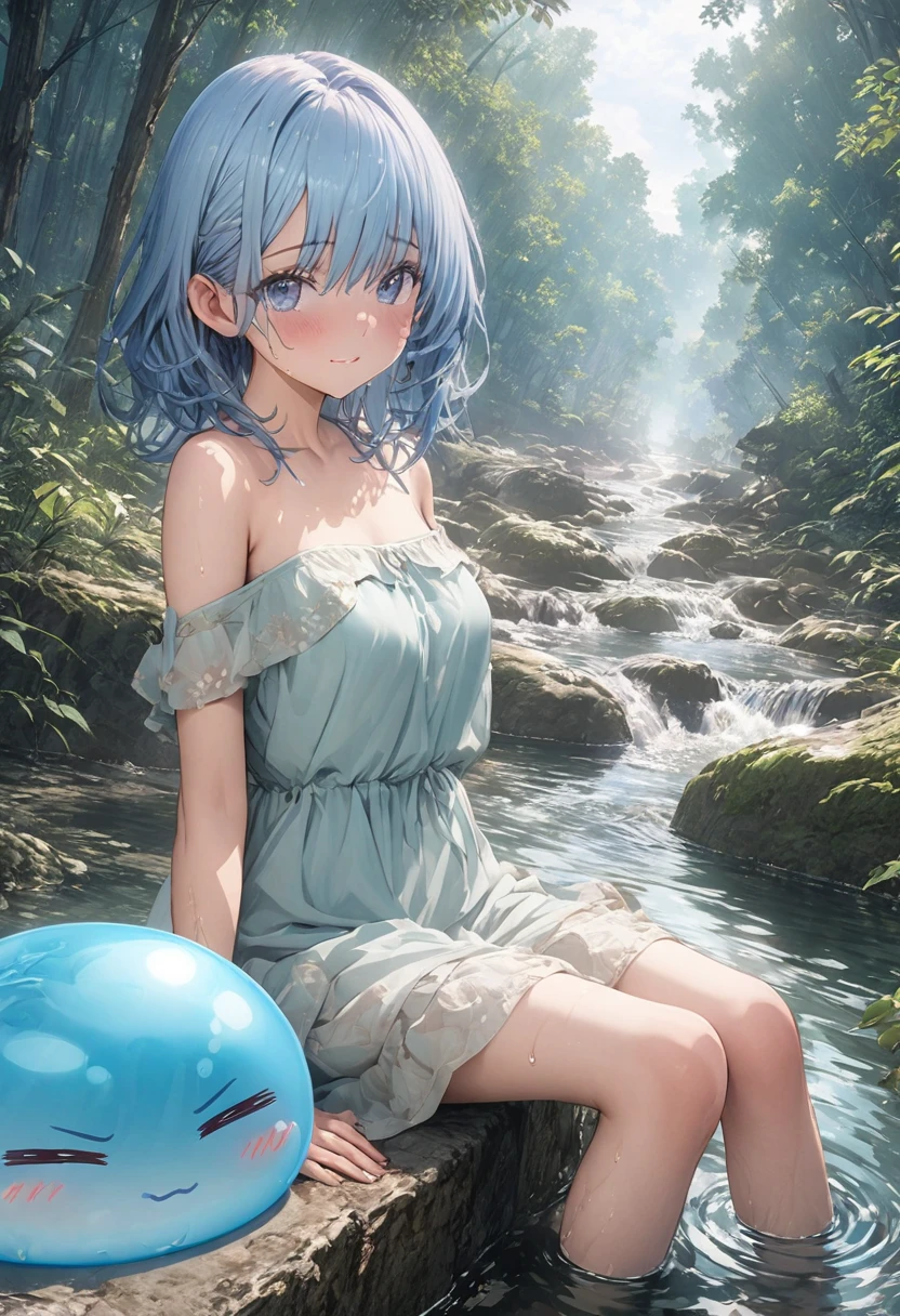 masterpiece, best quality, extremely detailed CG unity 8k wallpaper, A small blue-haired boy is sitting on the banks of a clear blue river in the middle of a natural forest. A cute slime with a lot of expressions is bathing there. A very cool anime illustration. Realistic expression of flowing water. オクタンのレンダリングスタイル、3Dアート
