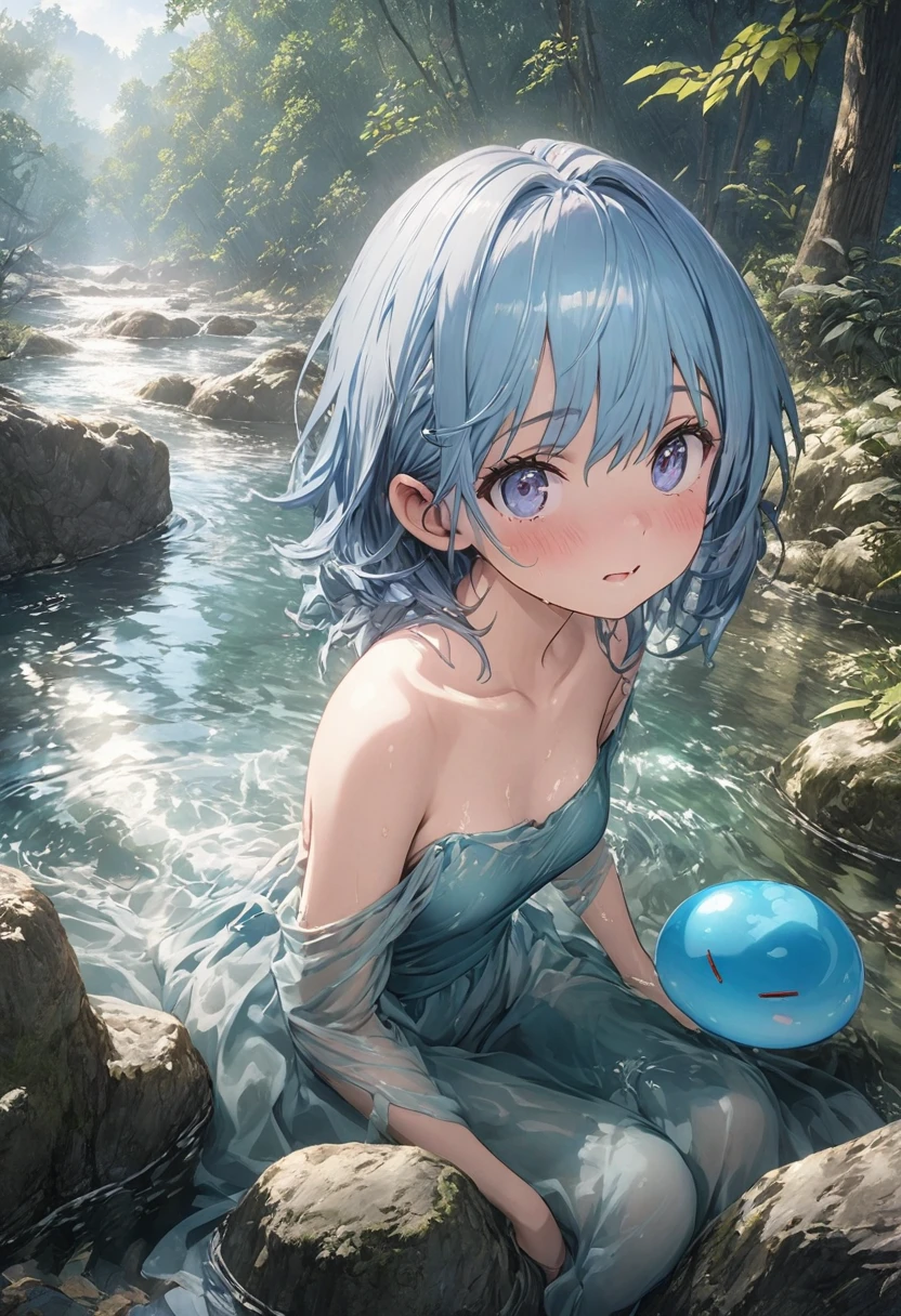 masterpiece, best quality, extremely detailed CG unity 8k wallpaper, A small blue-haired boy is sitting on the banks of a clear blue river in the middle of a natural forest. A cute slime with a lot of expressions is bathing there. A very cool anime illustration. Realistic expression of flowing water. オクタンのレンダリングスタイル、3Dアート
