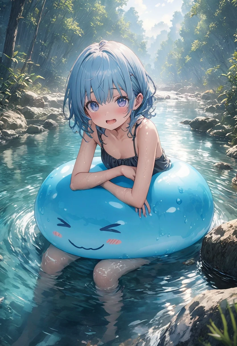 Anime, 20 years old, 1 girl,flat chest,dark skin, tan,(Jellyfish girl:1.2), red eyes, arms behind back,under the water, silver hair, very short hair, {{blue highlights in hair}},blue barrette, topless, bottomless, completely nude, spread legs, spread vaginal, spread pussy, {{{vulgarity}}}, jellyfish in pussy, open mouth, tongue out