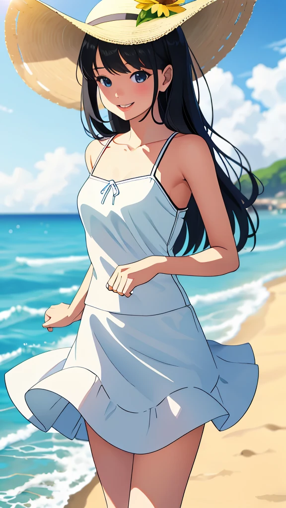 beach, best quality, masterpiece,、beautiful girl、slim、One person、Long Hair、White sleeveless、White dress、The skirt is short、running、A happy smile、口を開けて笑う、
sea beach，Black hair，daysieblurry，Background of bblurry，daysies，，cparted lips，the ocean，Summer daysies，Sun hat，